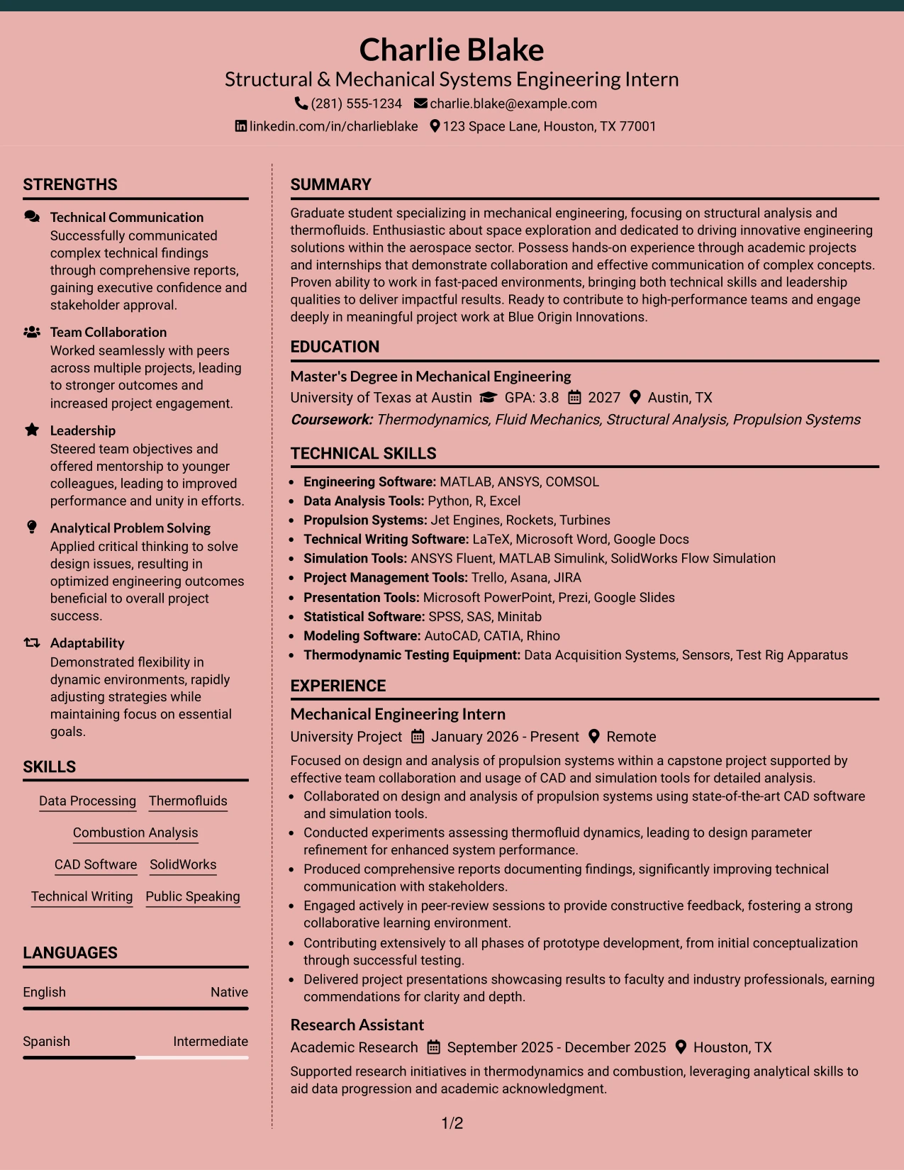 Resume Example Page 1