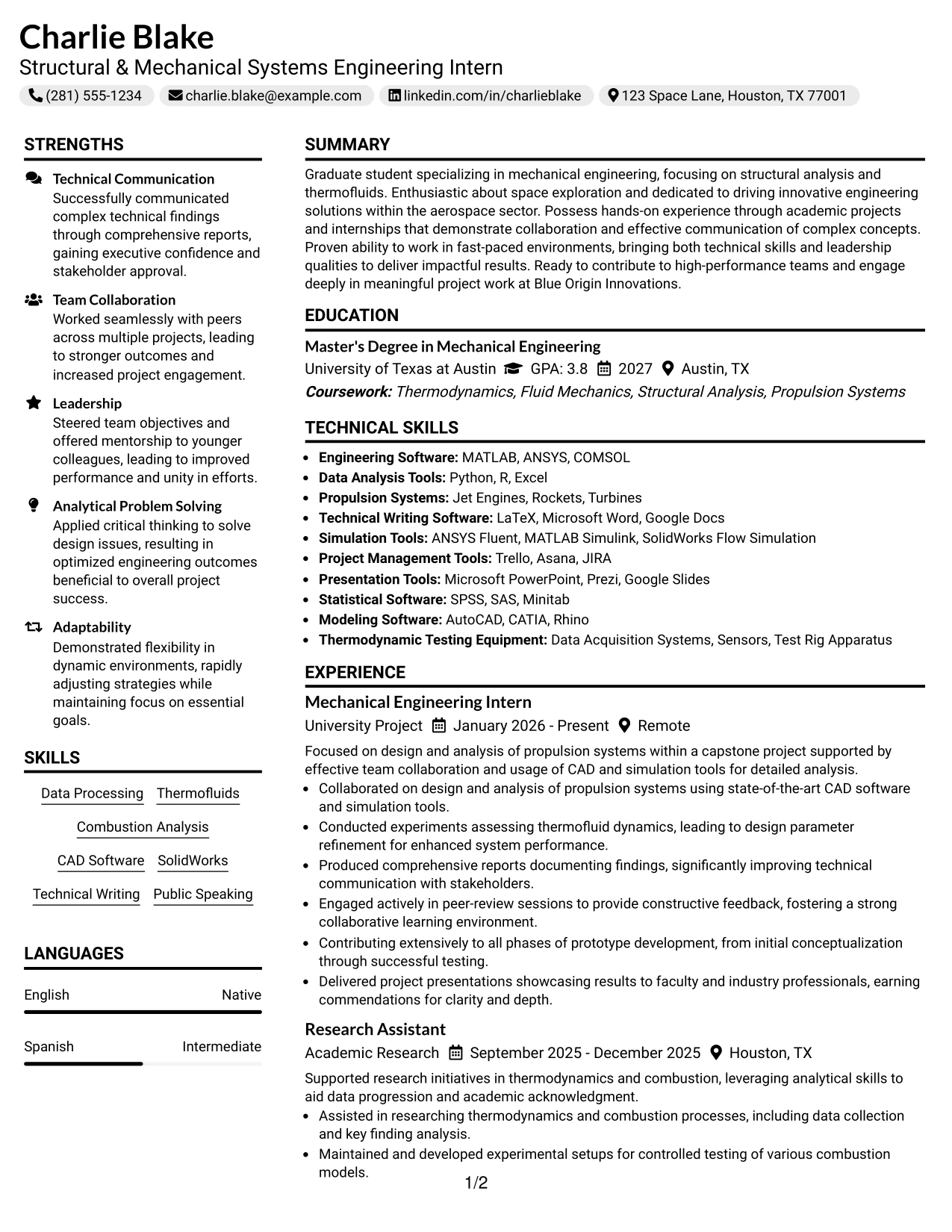Resume Example Page 1