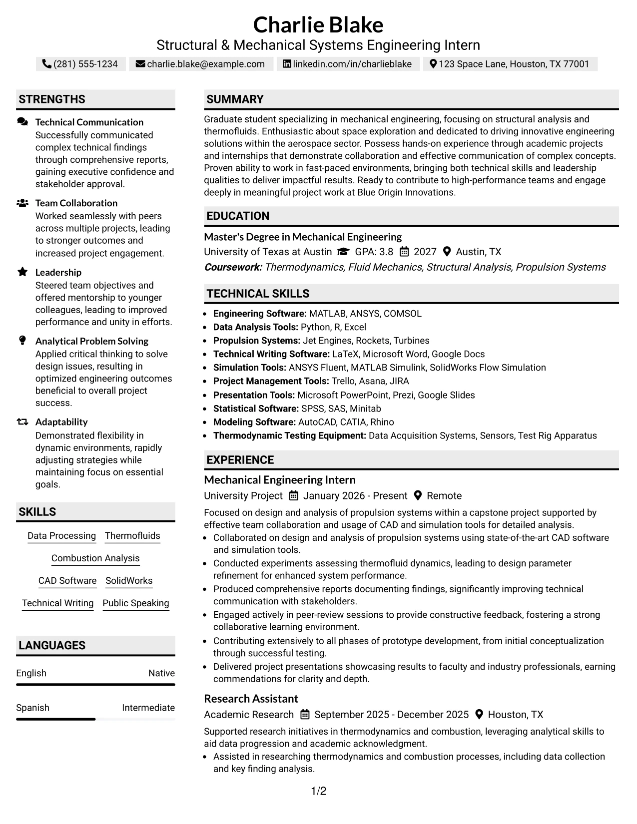Resume Example Page 1