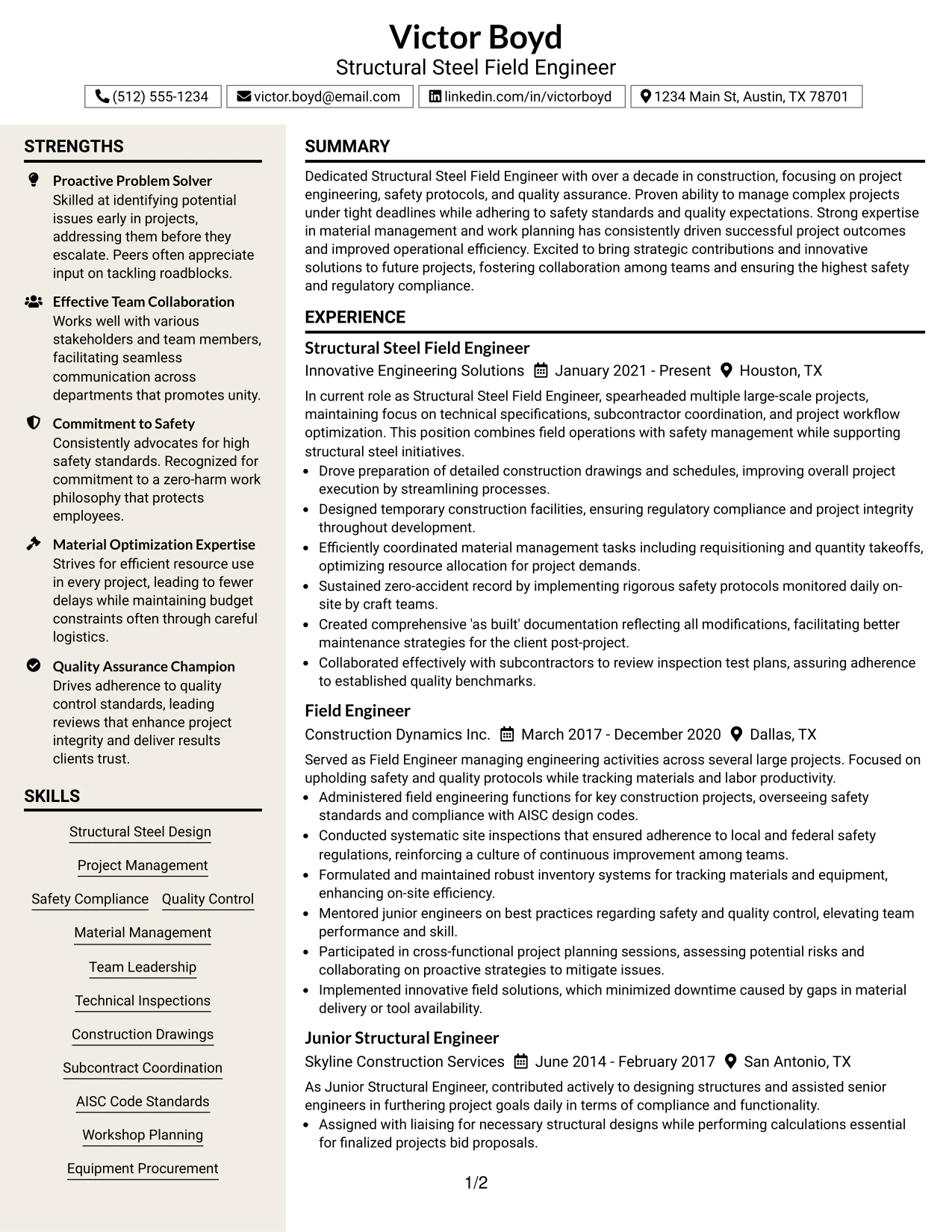 Resume Example Page 1