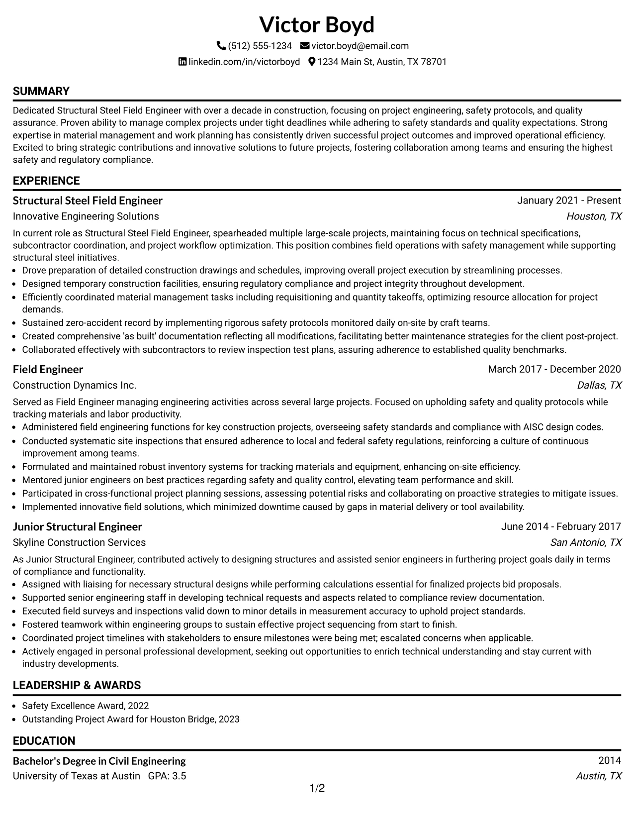 Resume Example Page 1