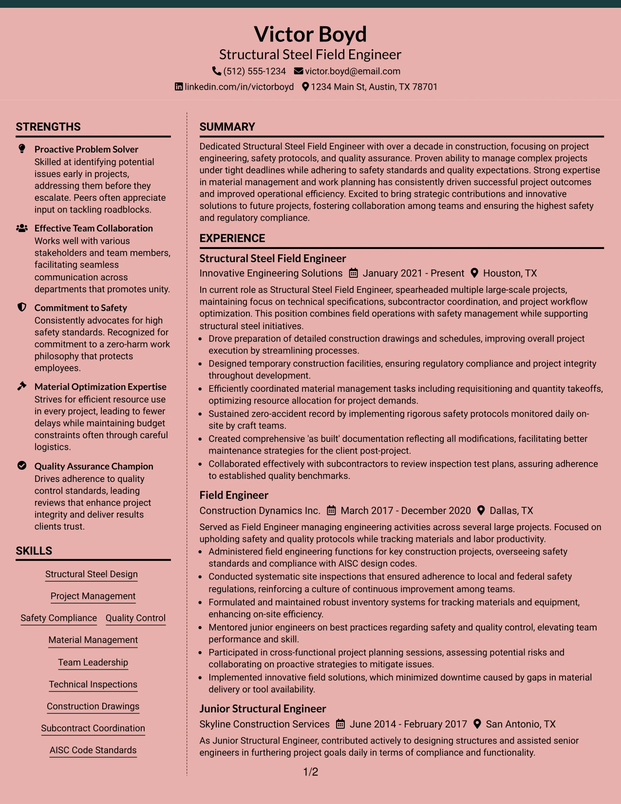 Resume Example Page 1