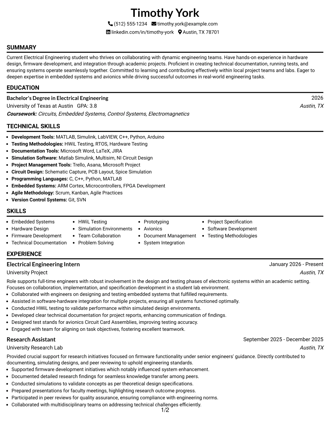 Resume Example Page 1