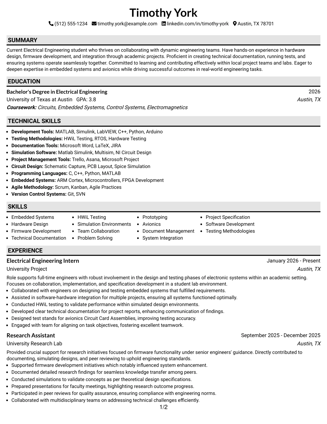 Resume Example Page 1