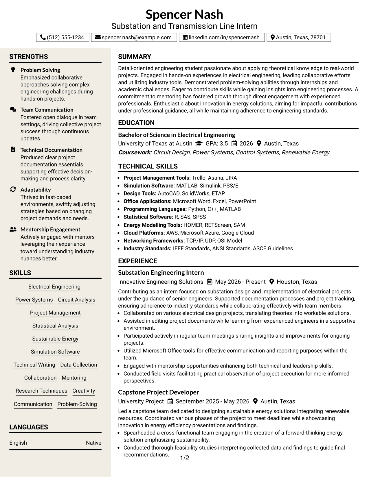 Resume Example Page 1