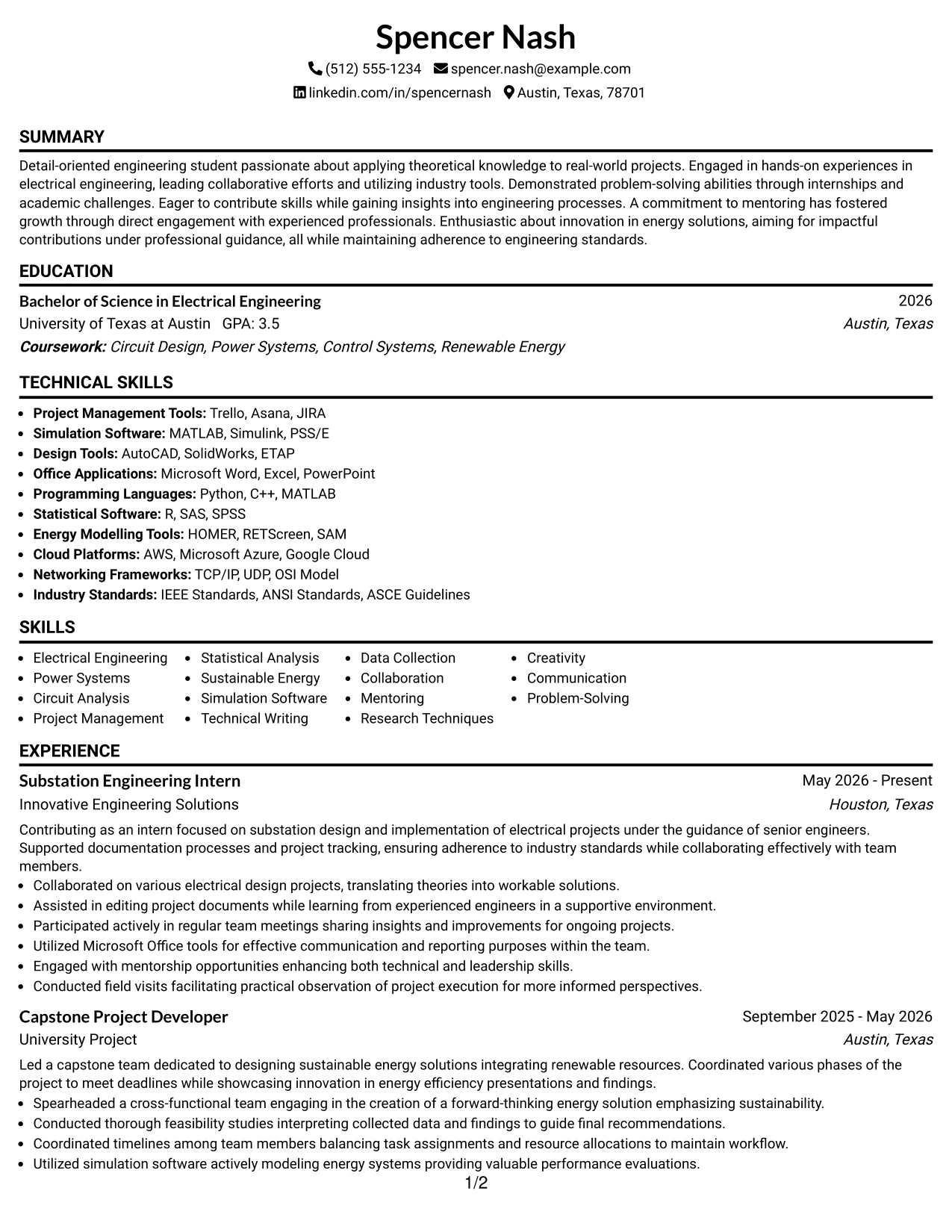 Resume Example Page 1