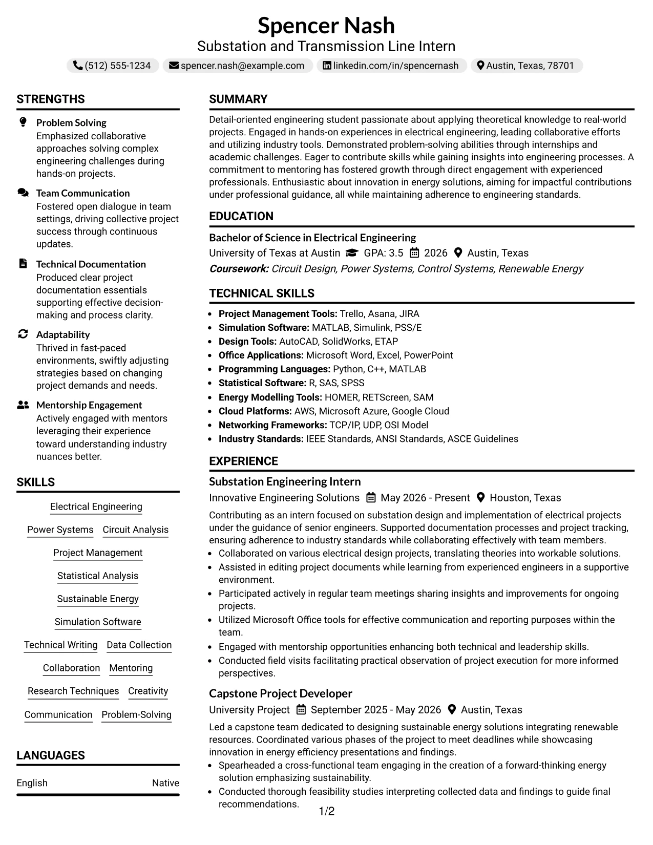 Resume Example Page 1