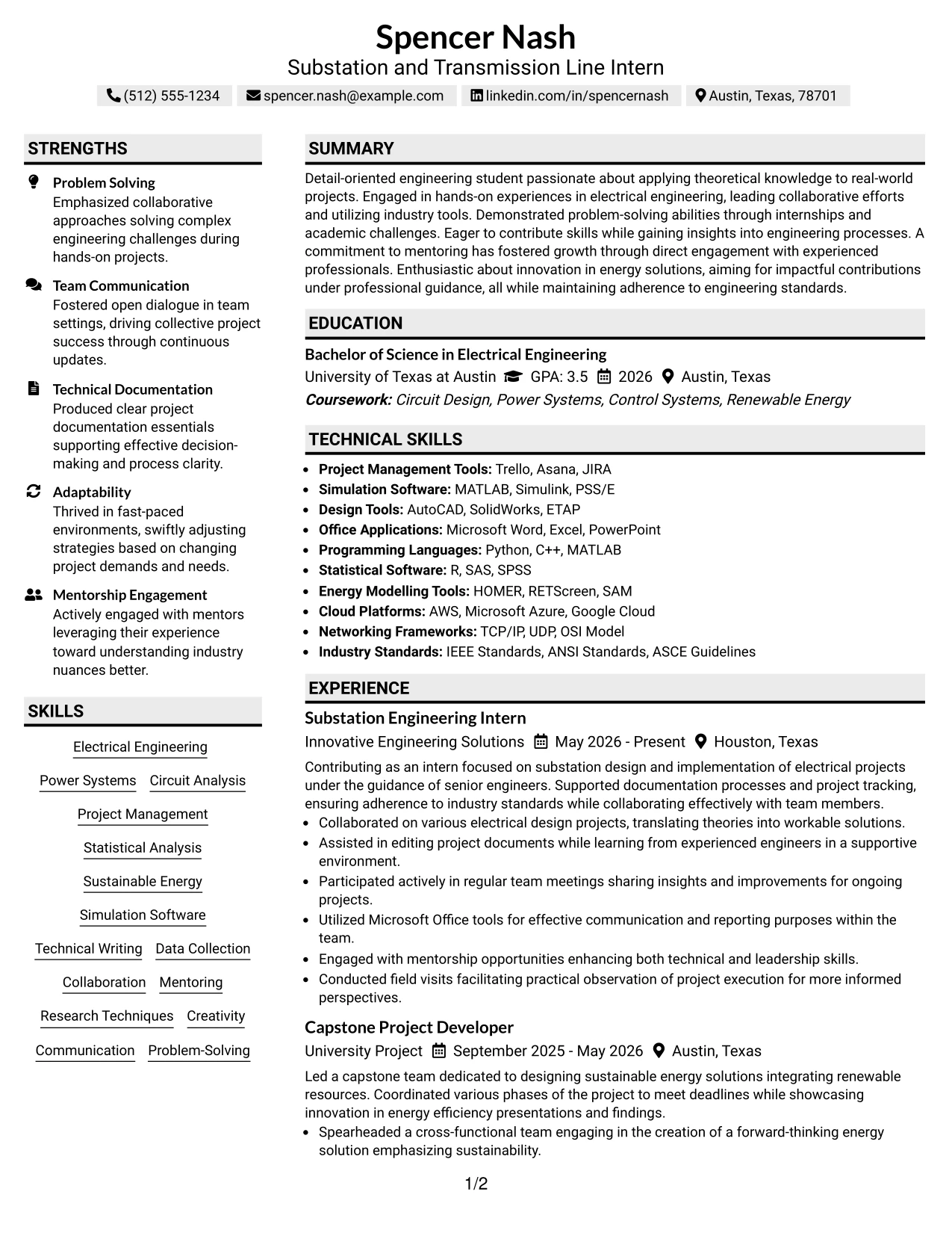 Resume Example Page 1