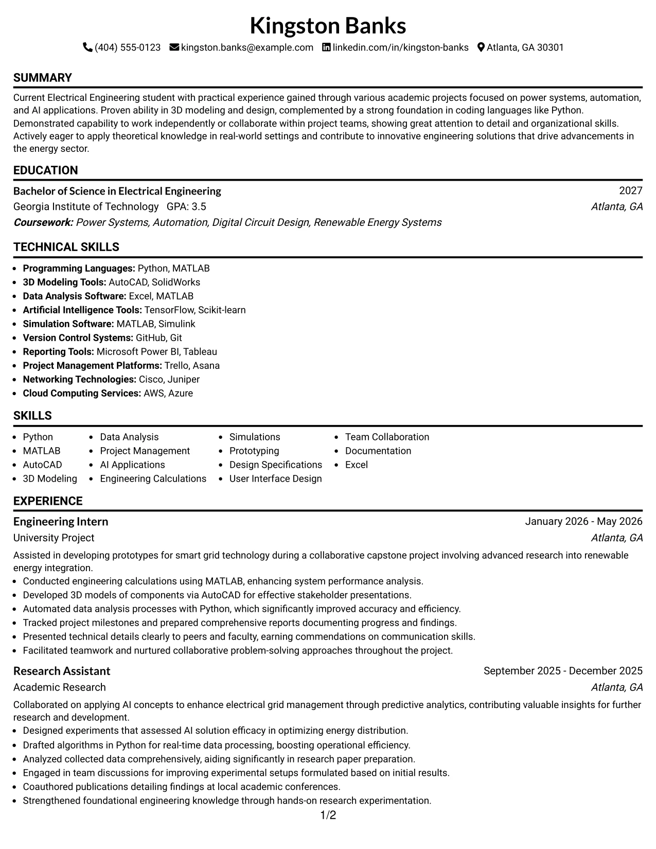 Resume Example Page 1
