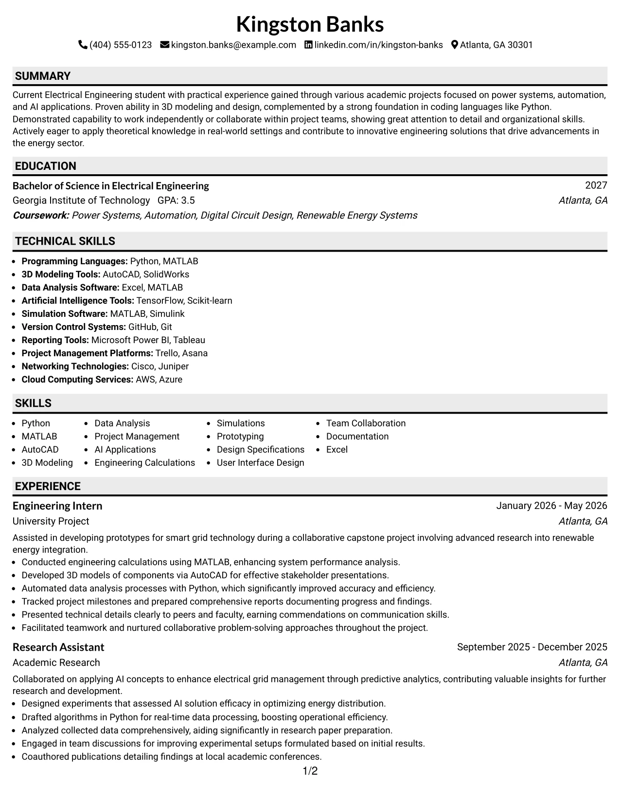Resume Example Page 1