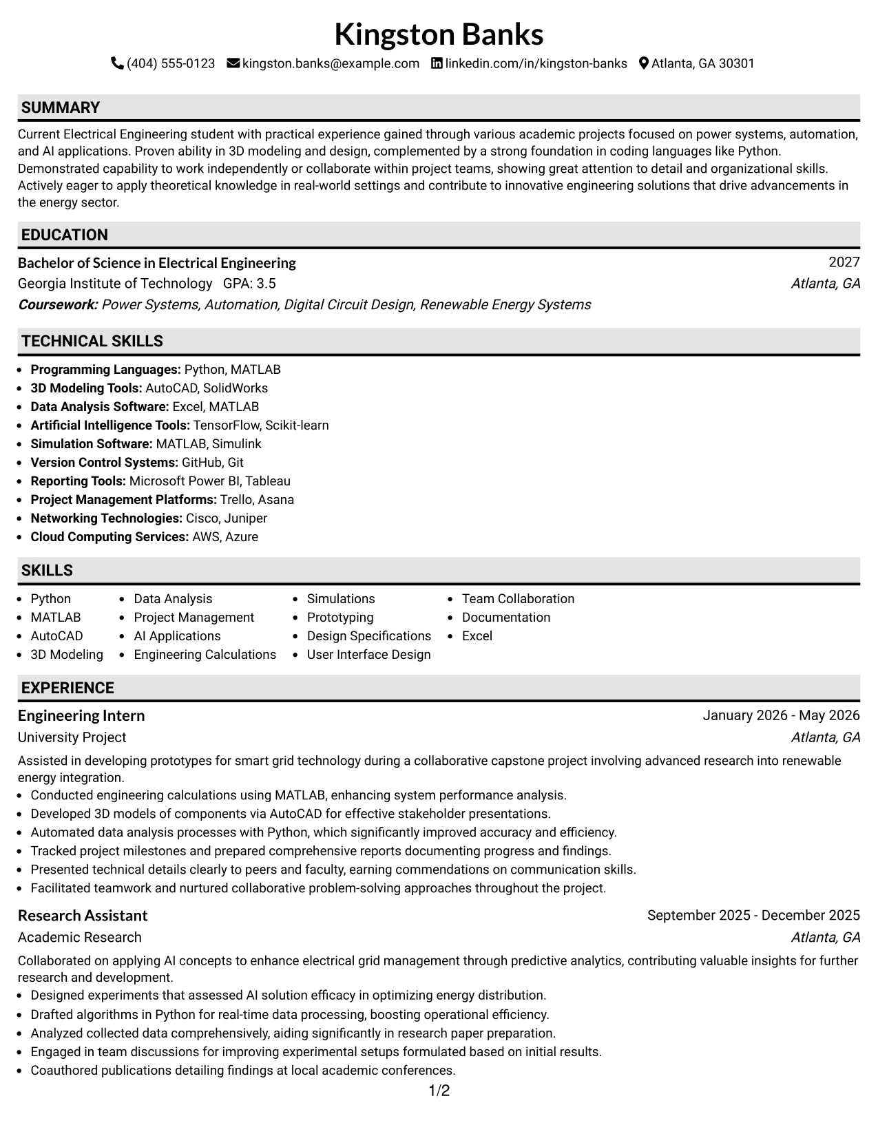 Resume Example Page 1