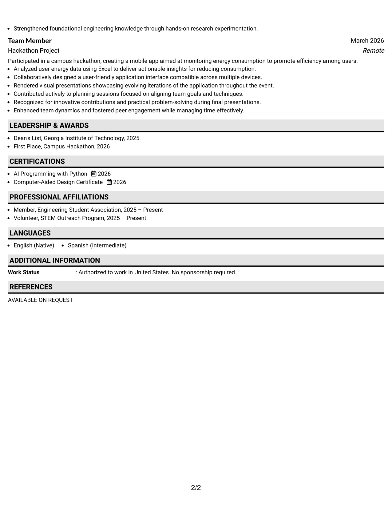 Resume Example Page 2