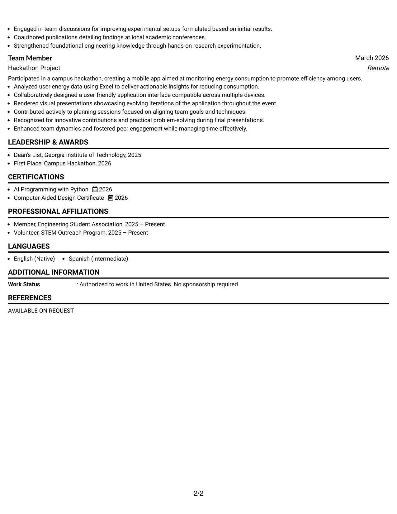 Resume Example Page 2
