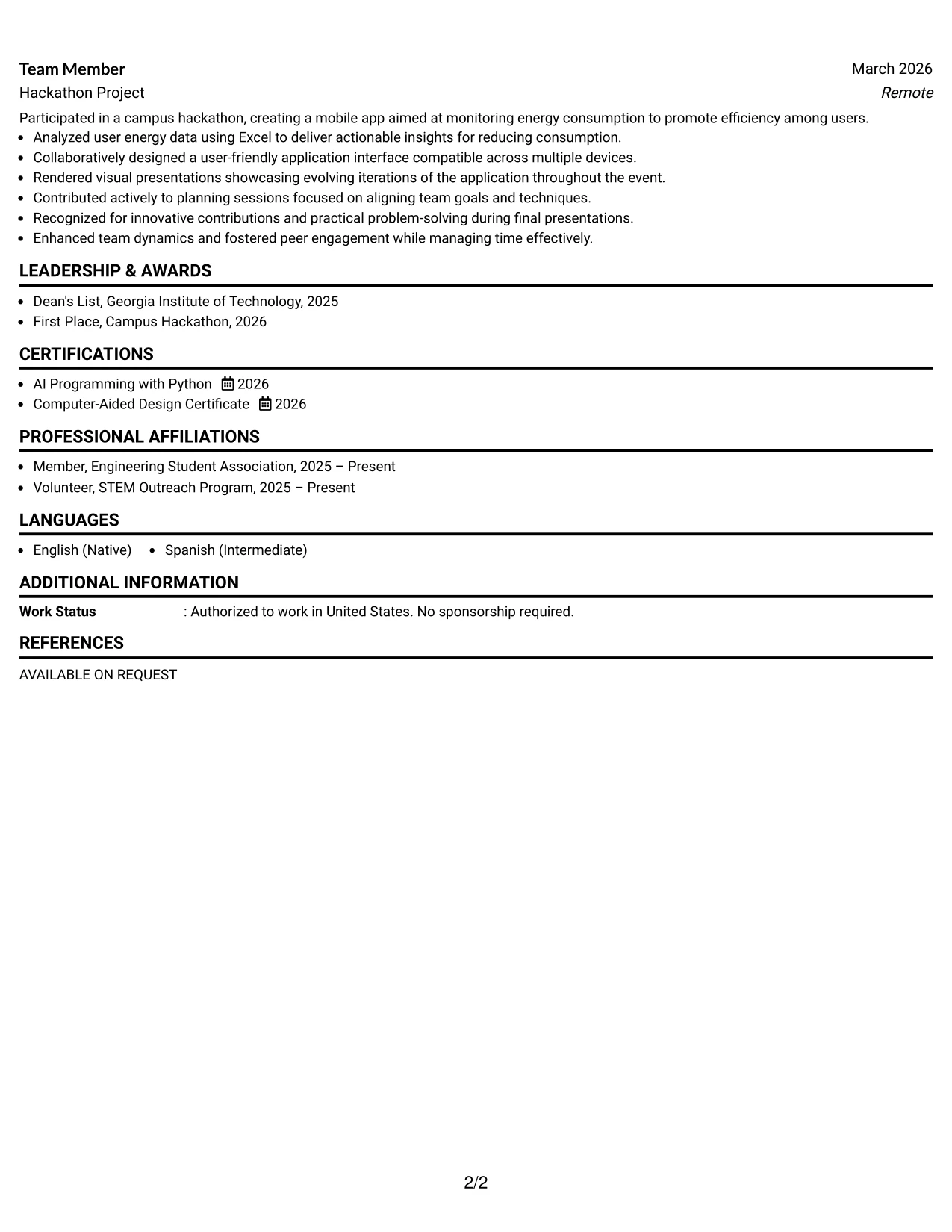 Resume Example Page 2