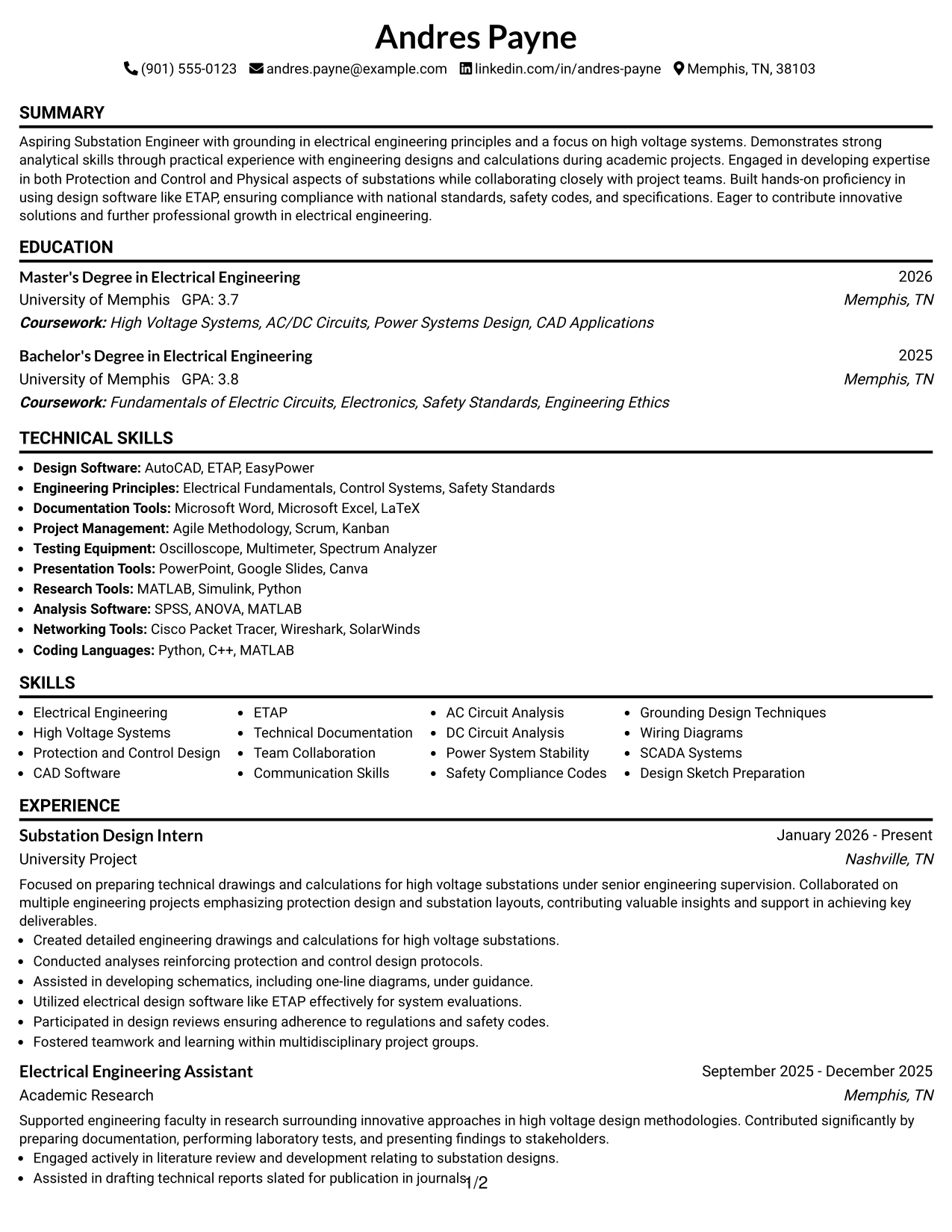 Resume Example Page 1