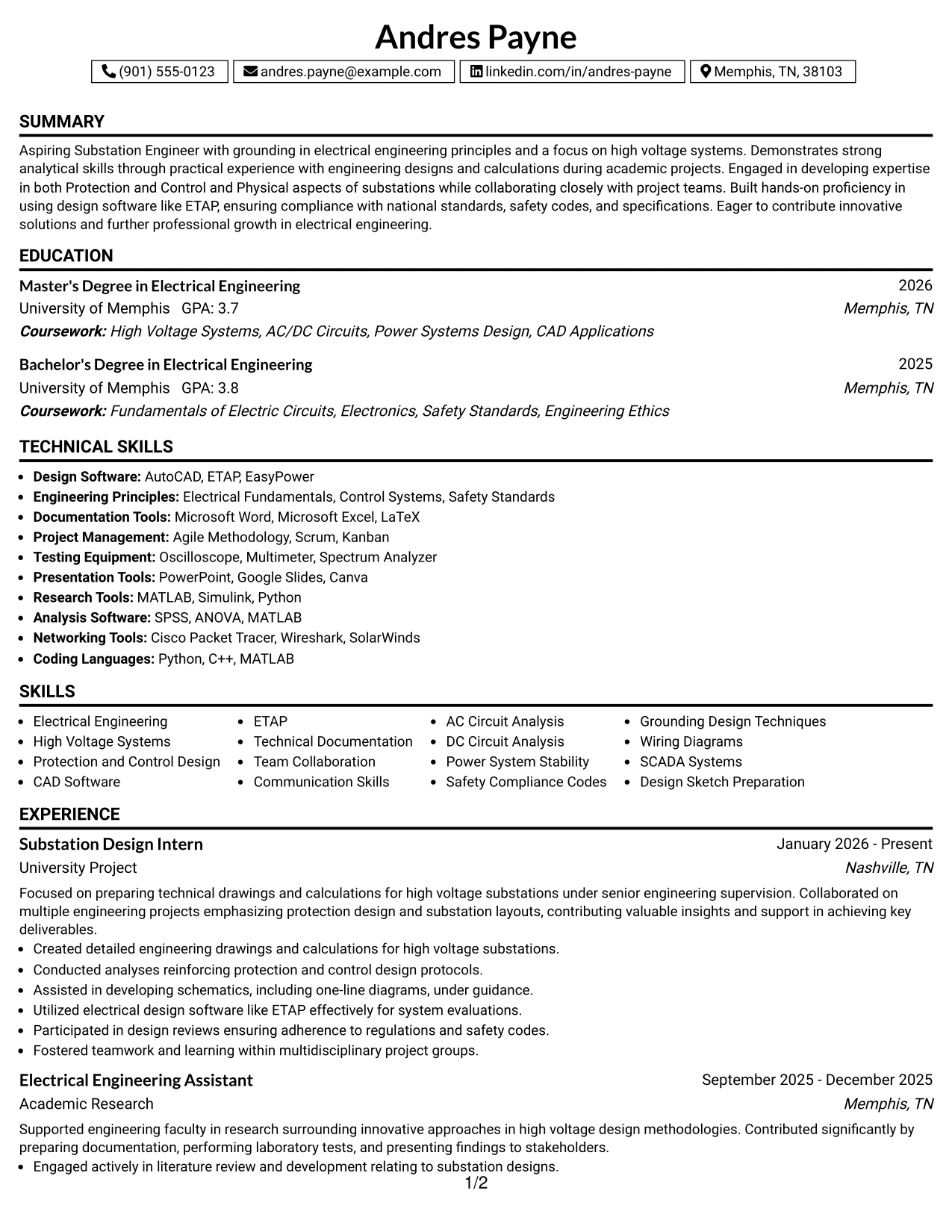 Resume Example Page 1