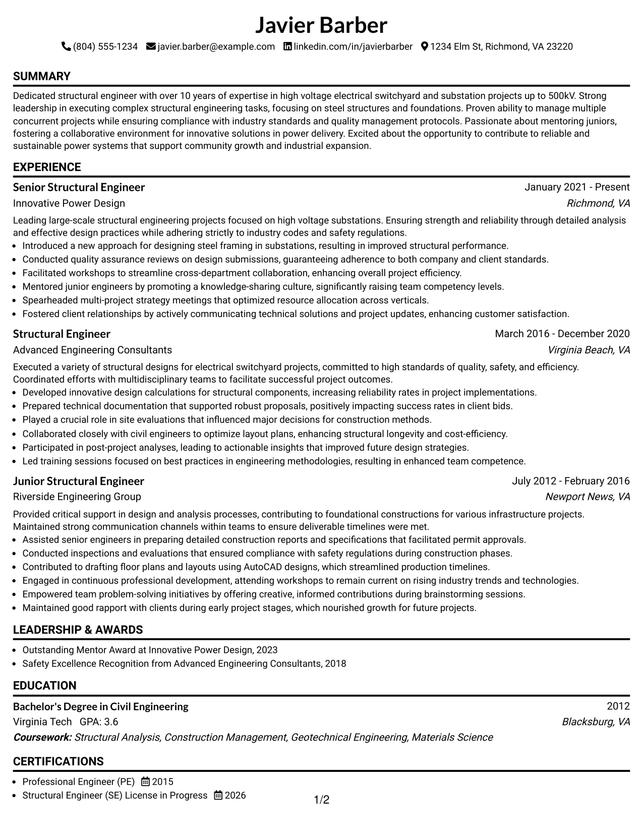 Resume Example Page 1