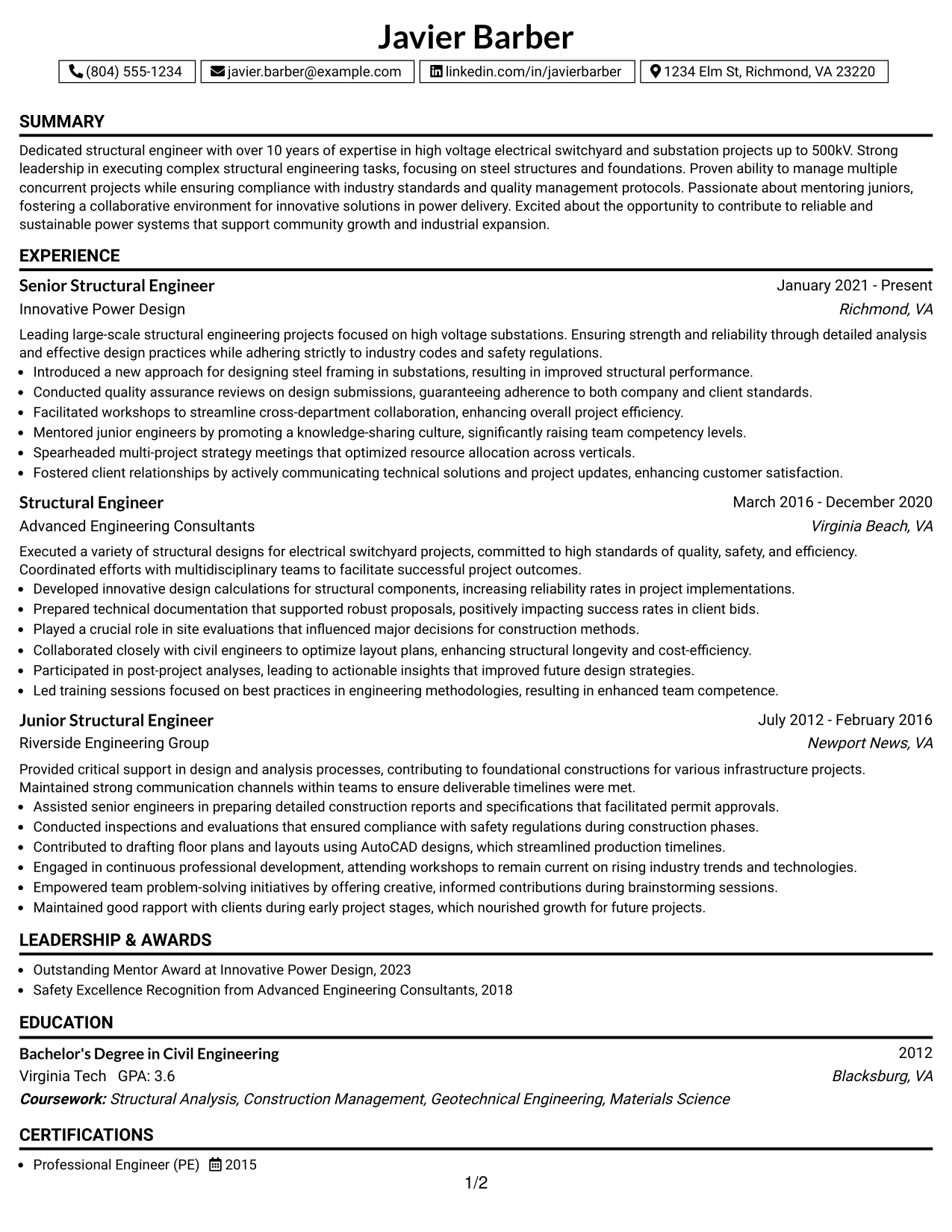 Resume Example Page 1