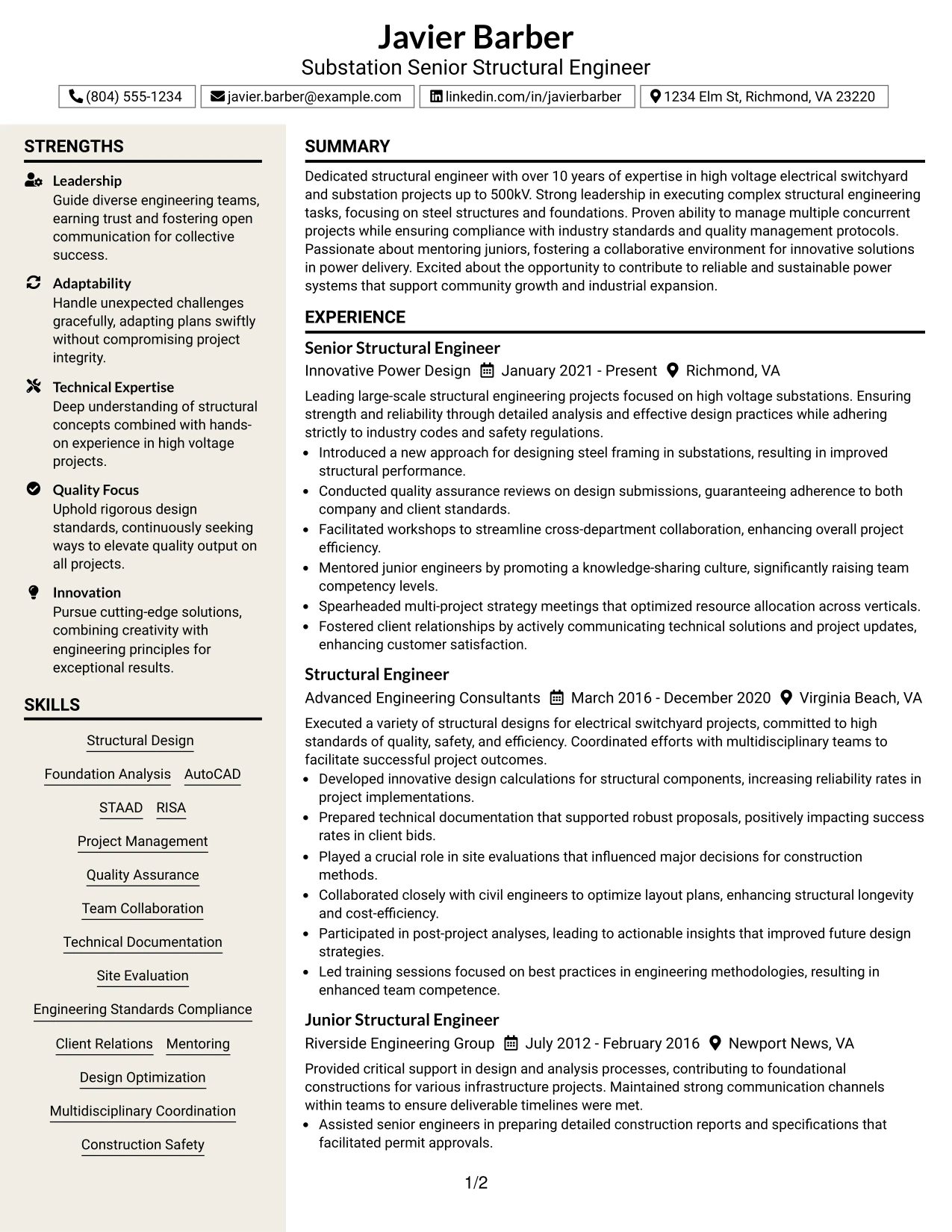 Resume Example Page 1