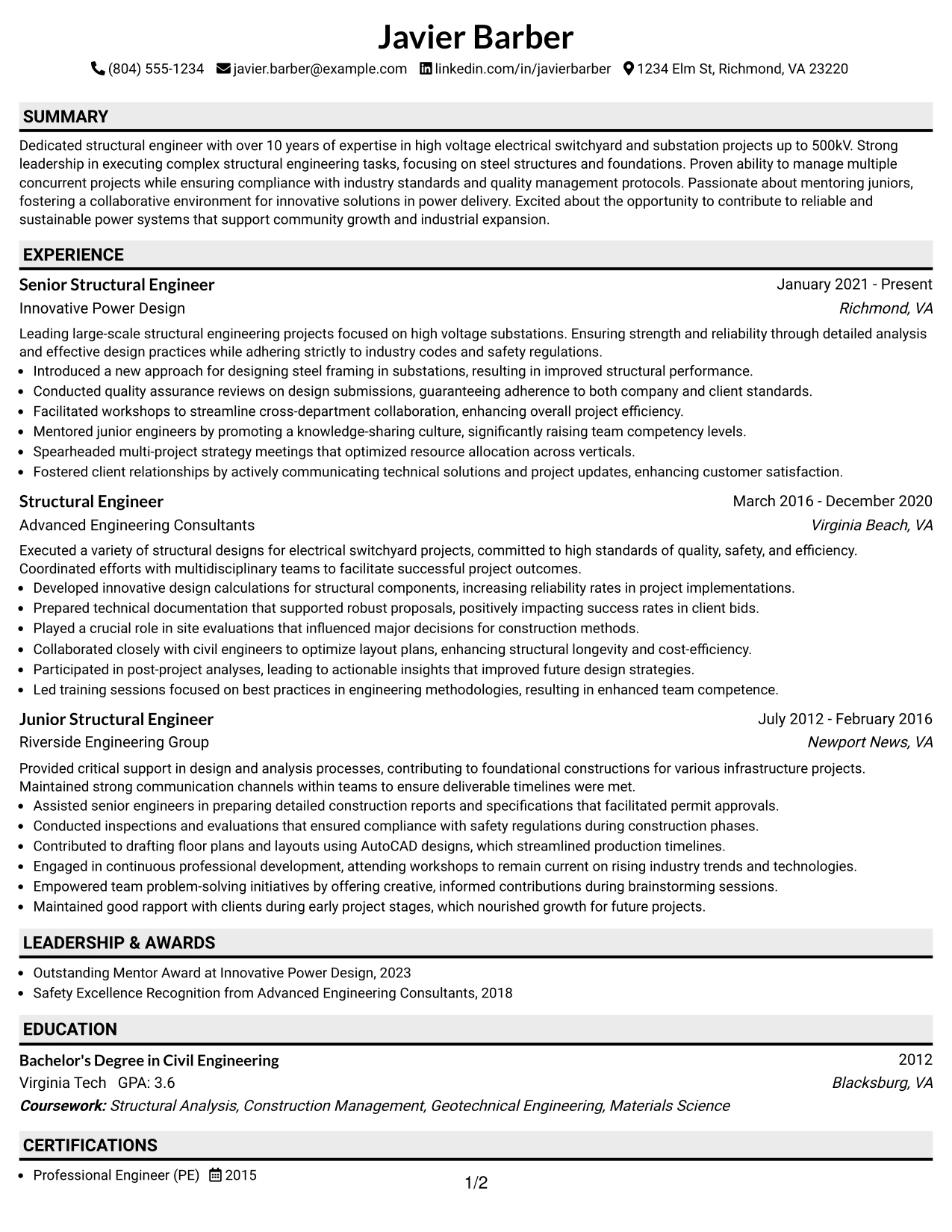 Resume Example Page 1