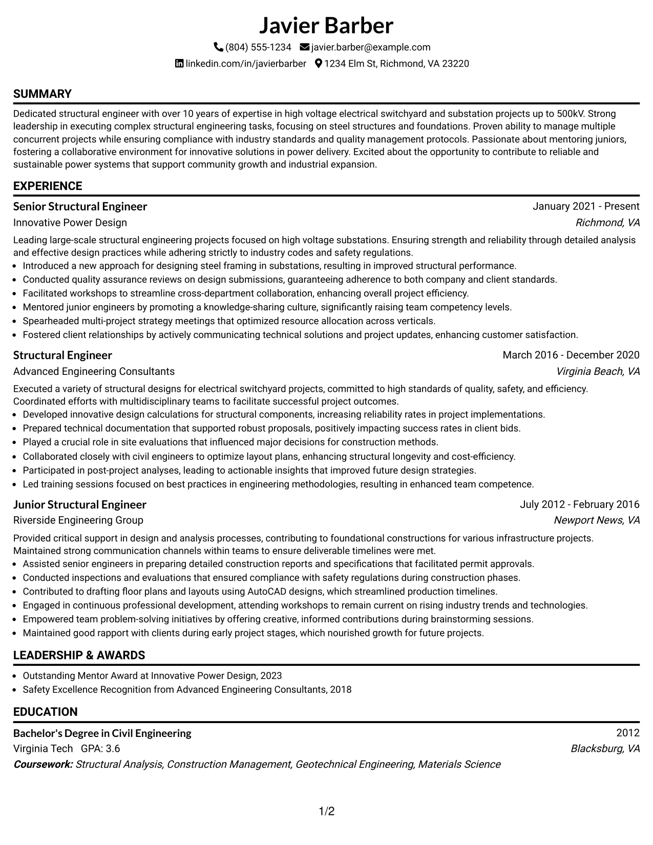 Resume Example Page 1