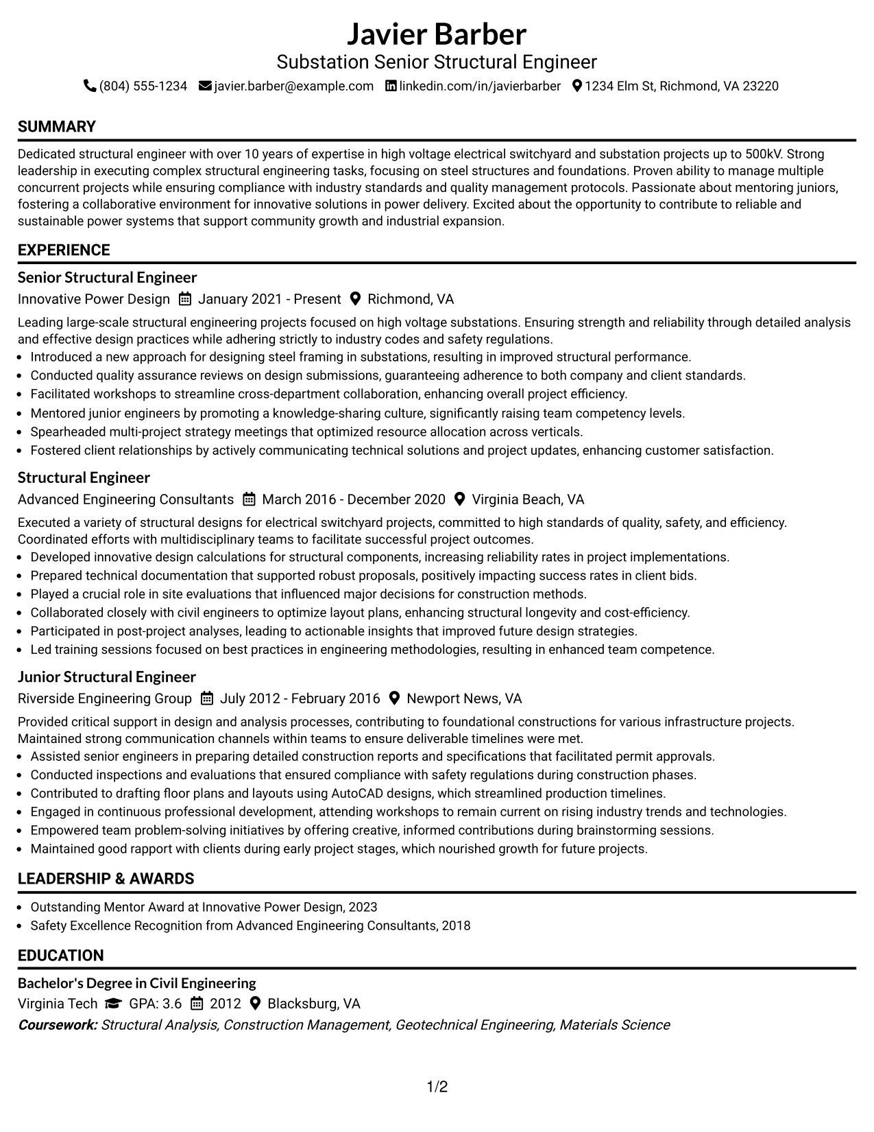 Resume Example Page 1