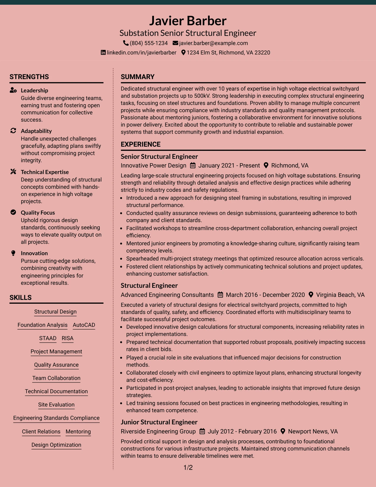 Resume Example Page 1