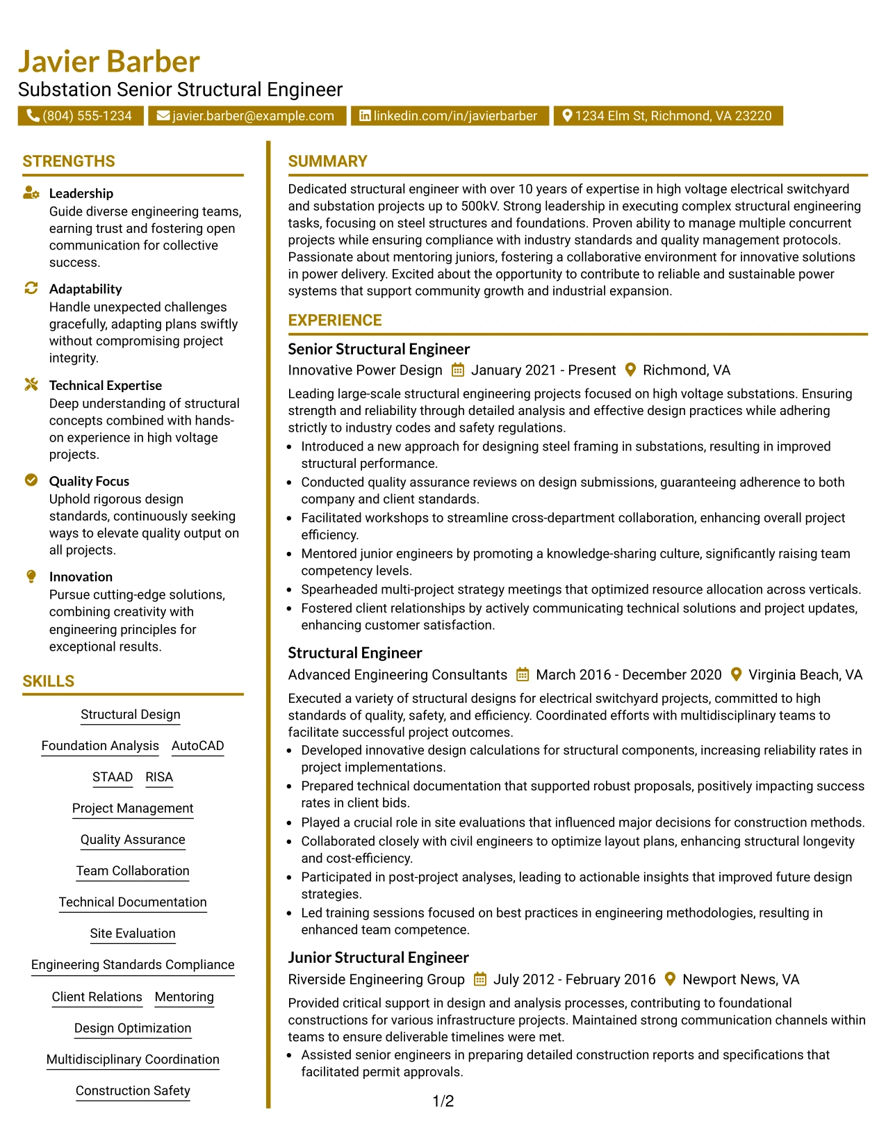 Resume Example Page 1