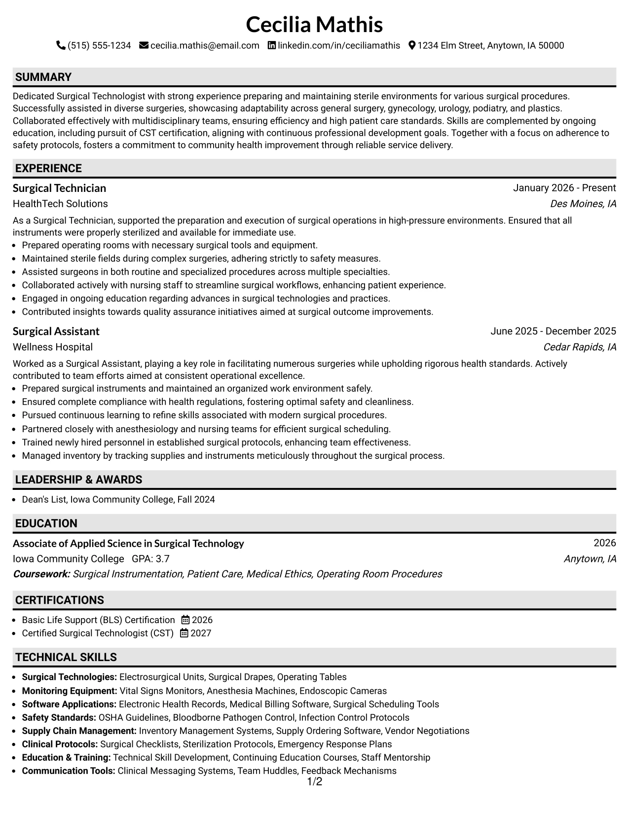 Resume Example Page 1