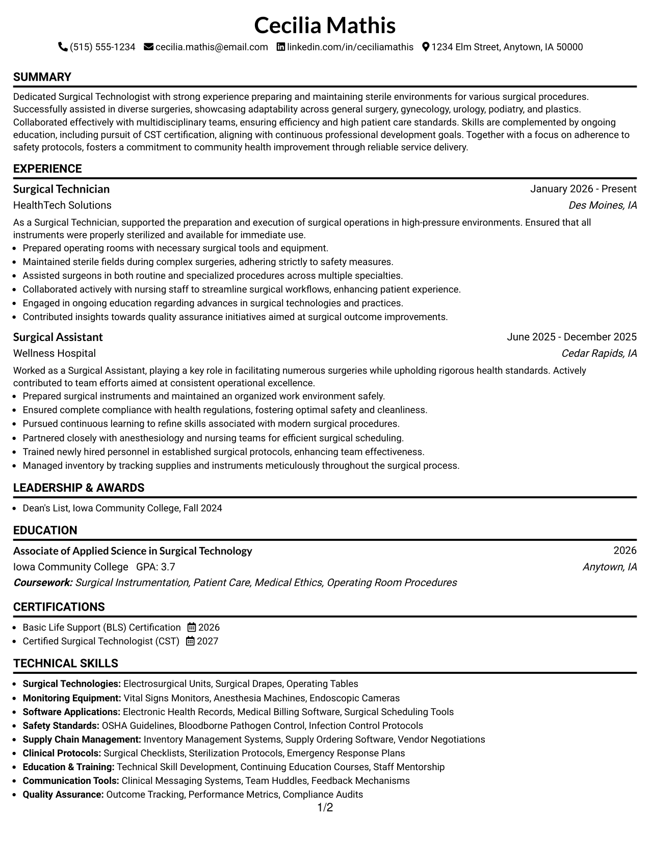 Resume Example Page 1