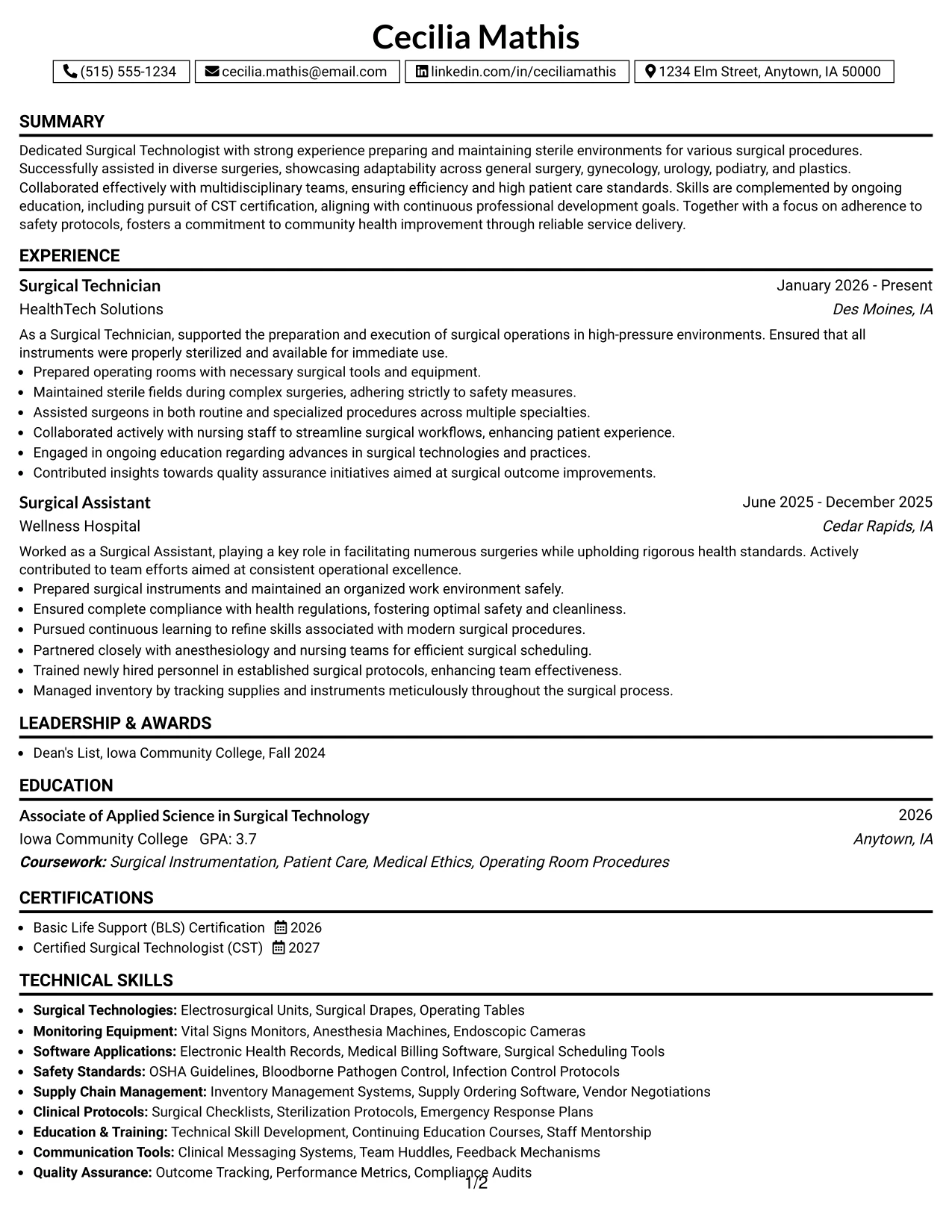 Resume Example Page 1