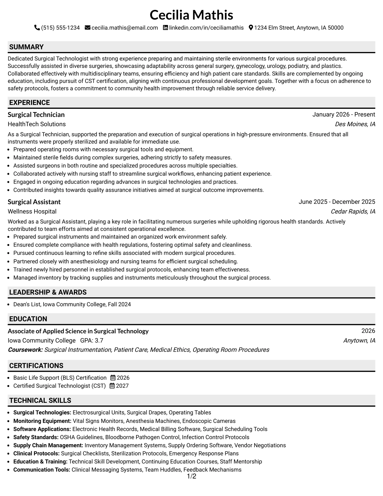 Resume Example Page 1