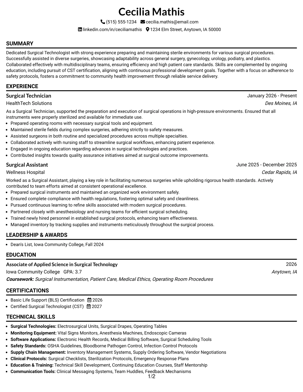 Resume Example Page 1