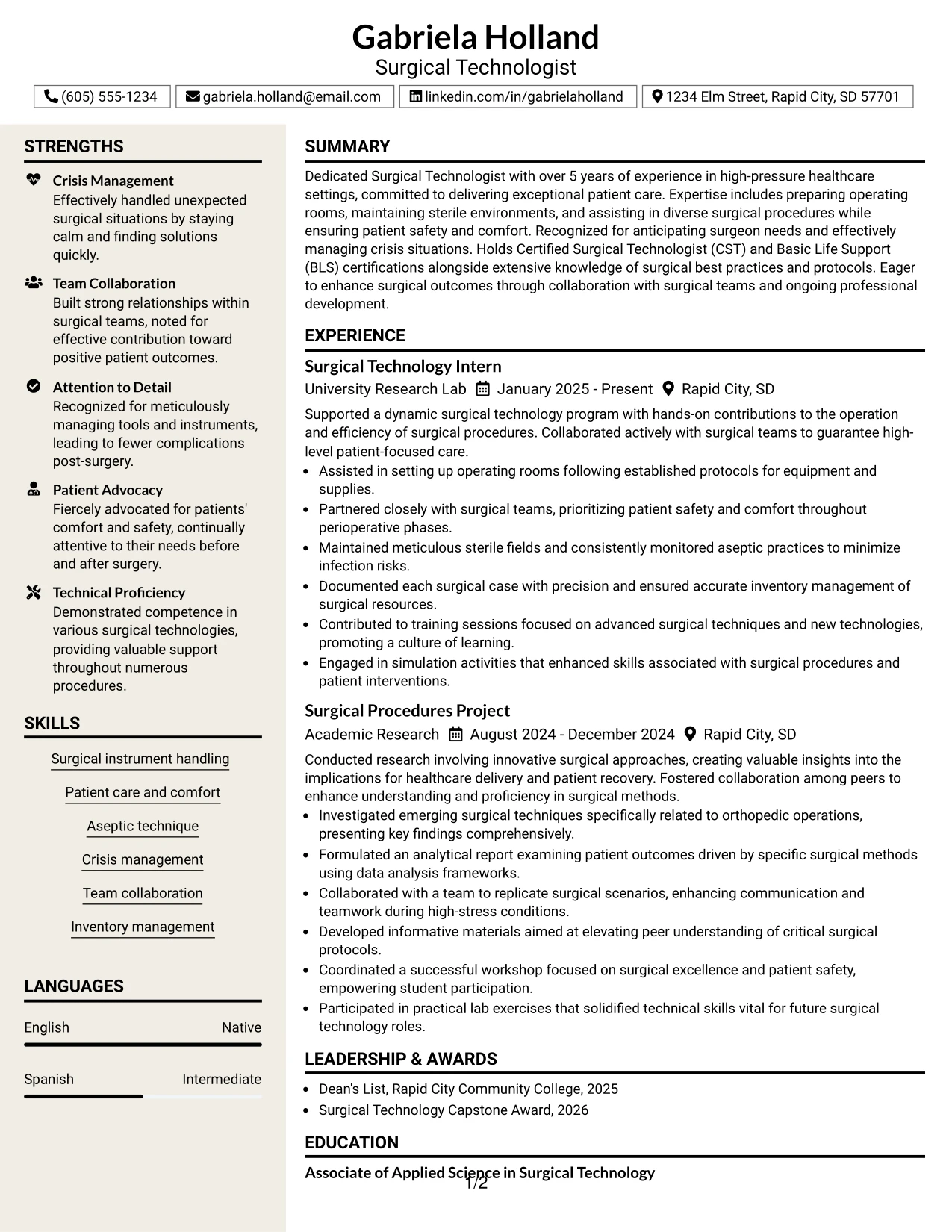 Resume Example Page 1