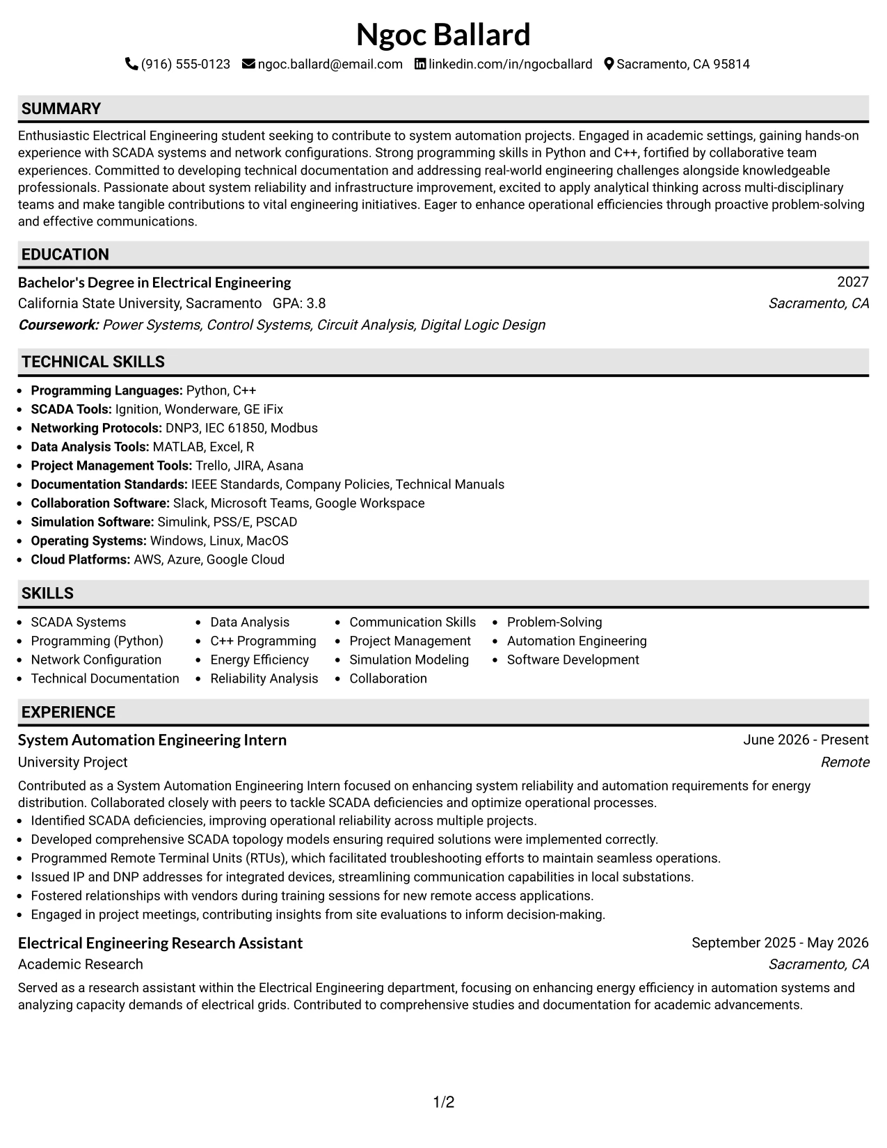 Resume Example Page 1