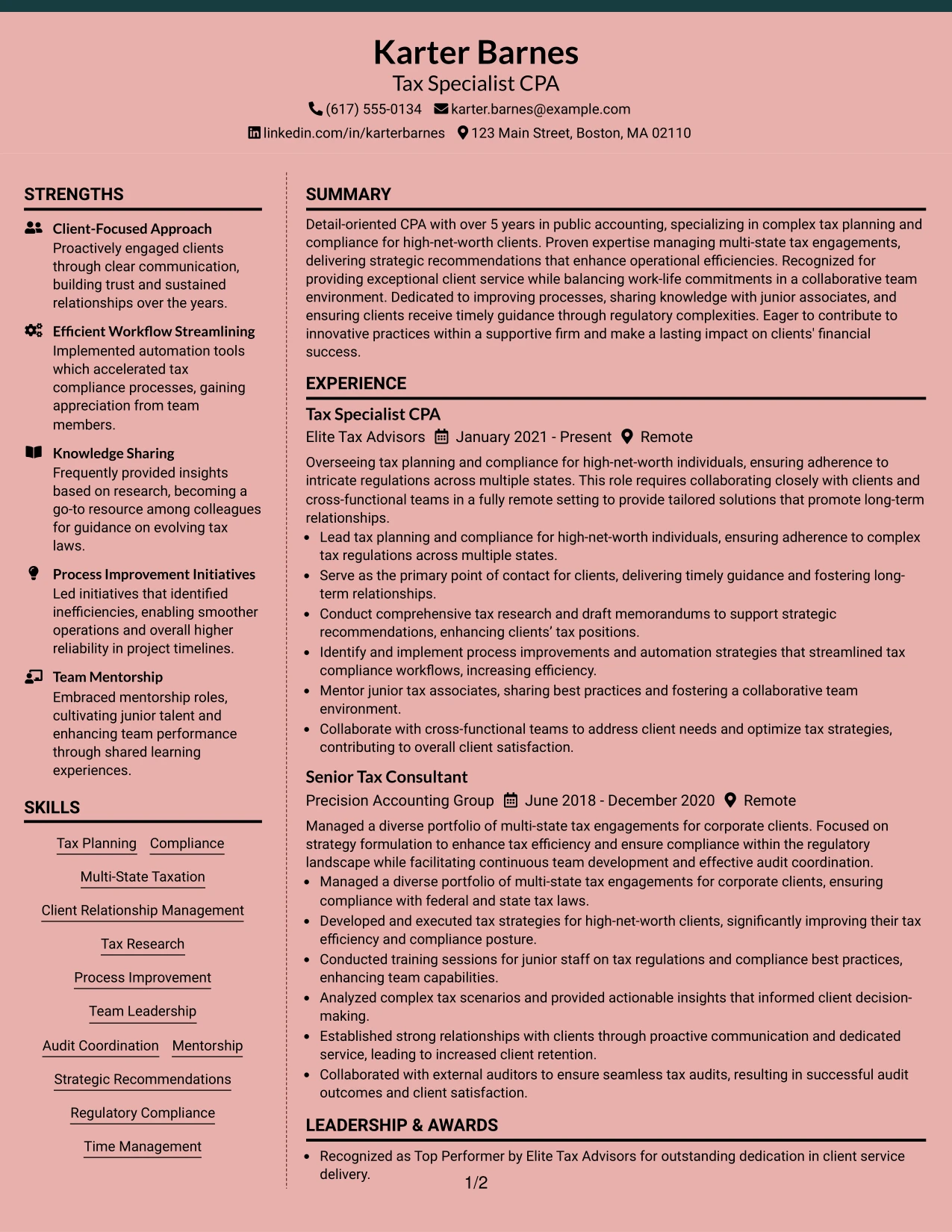 Resume Example Page 1