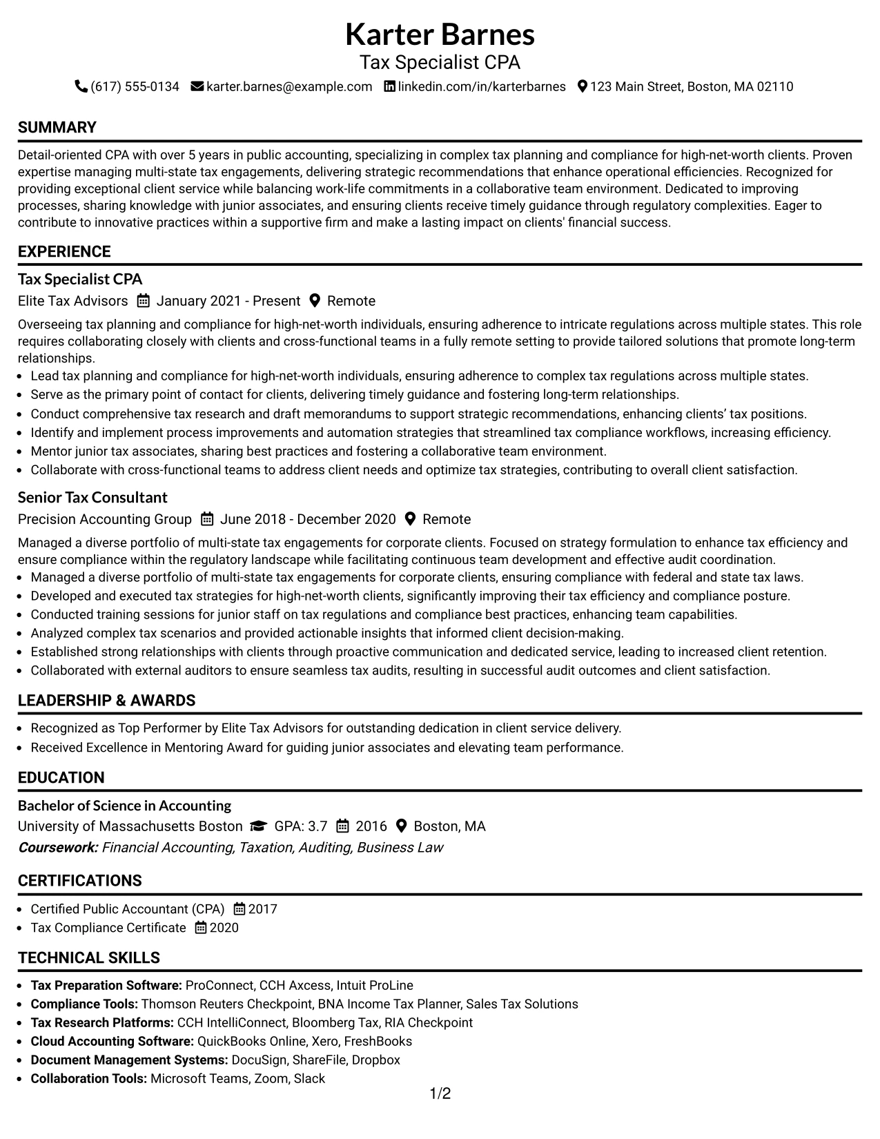 Resume Example Page 1