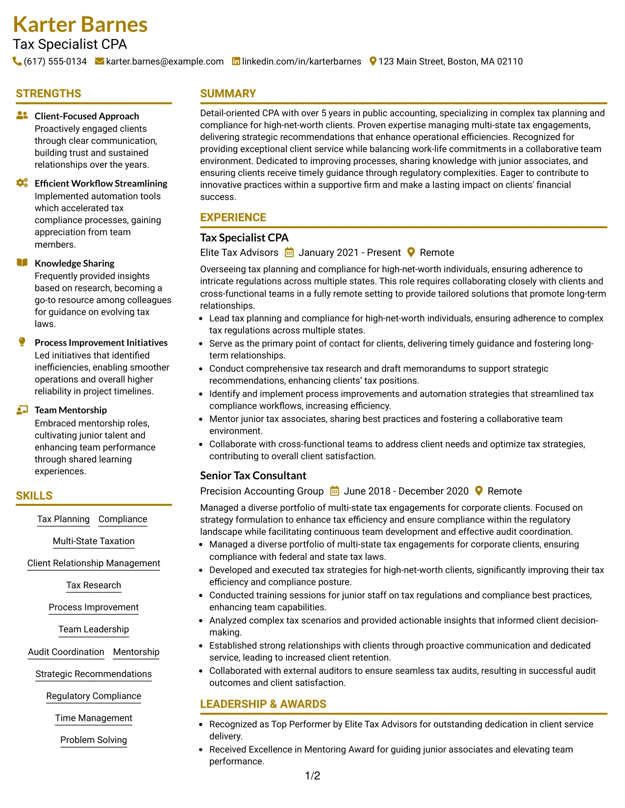 Resume Example Page 1