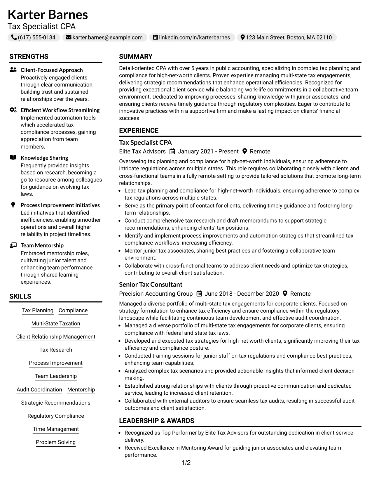 Resume Example Page 1