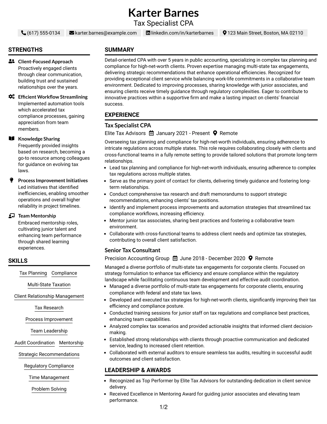 Resume Example Page 1