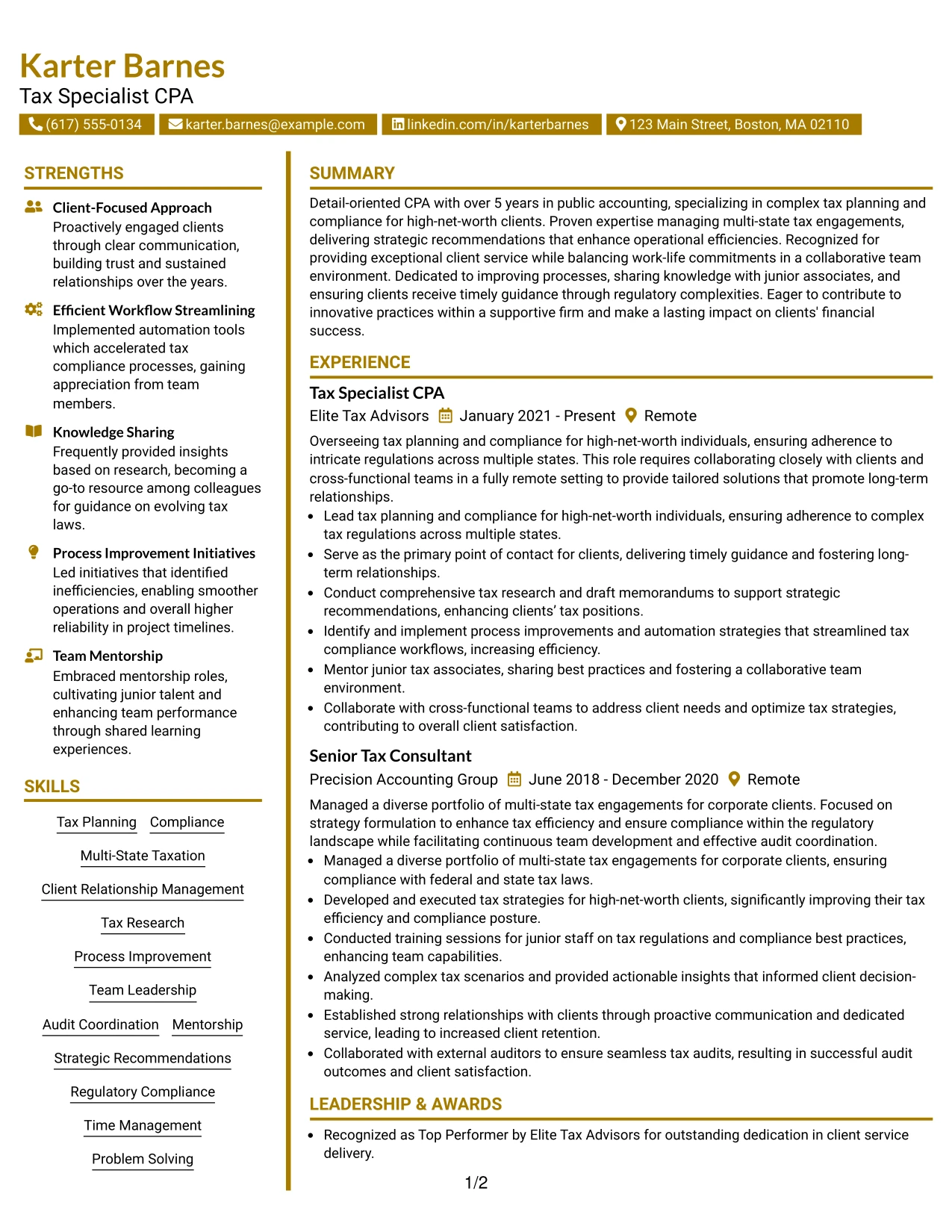 Resume Example Page 1