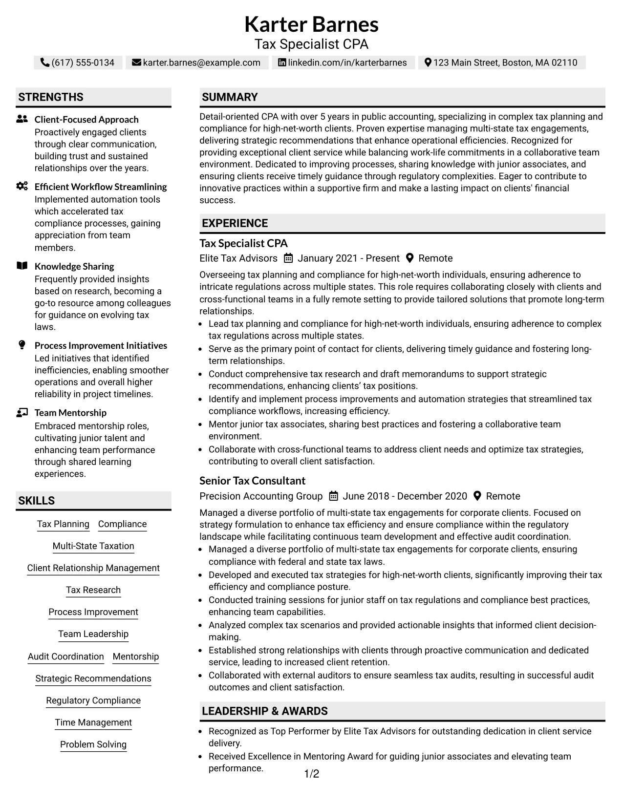 Resume Example Page 1