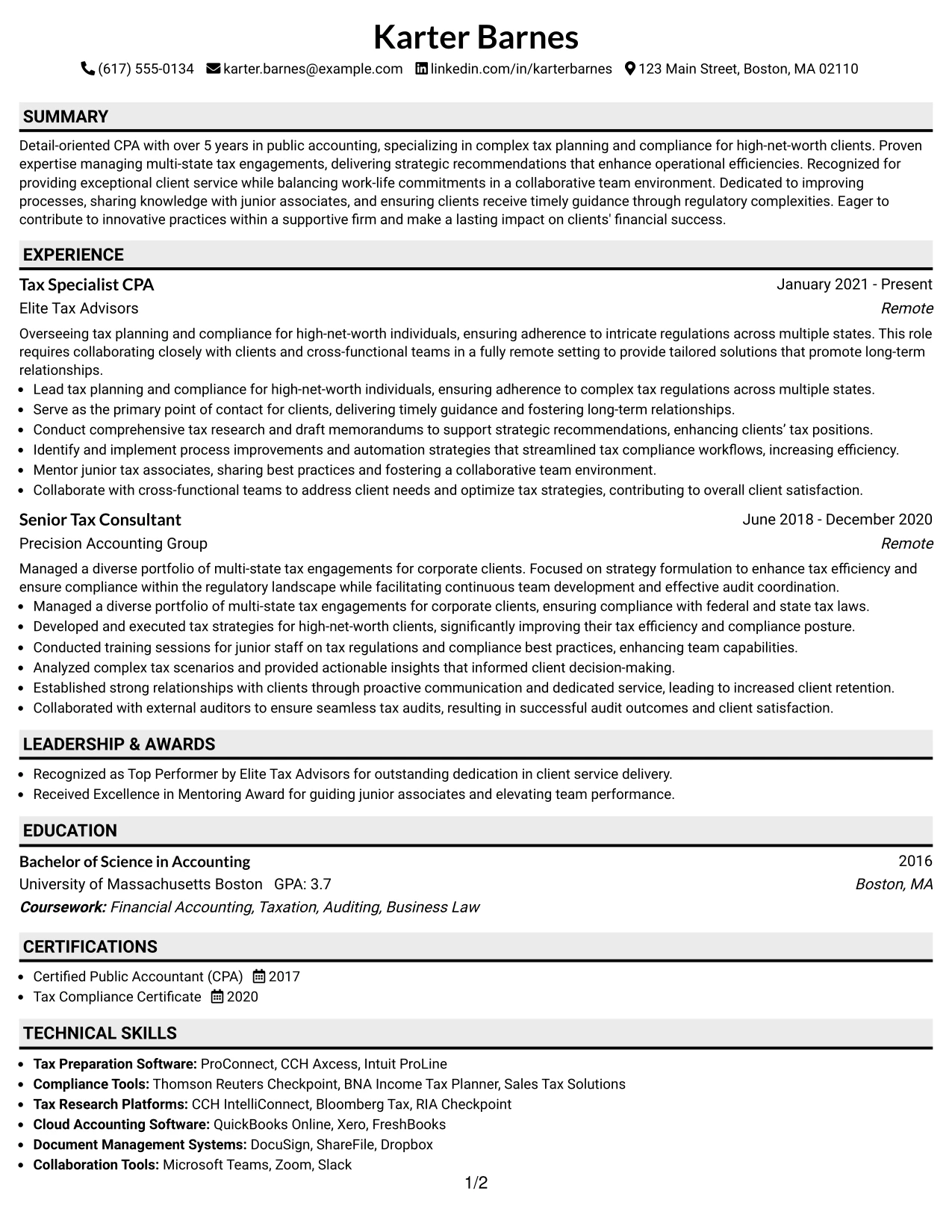 Resume Example Page 1