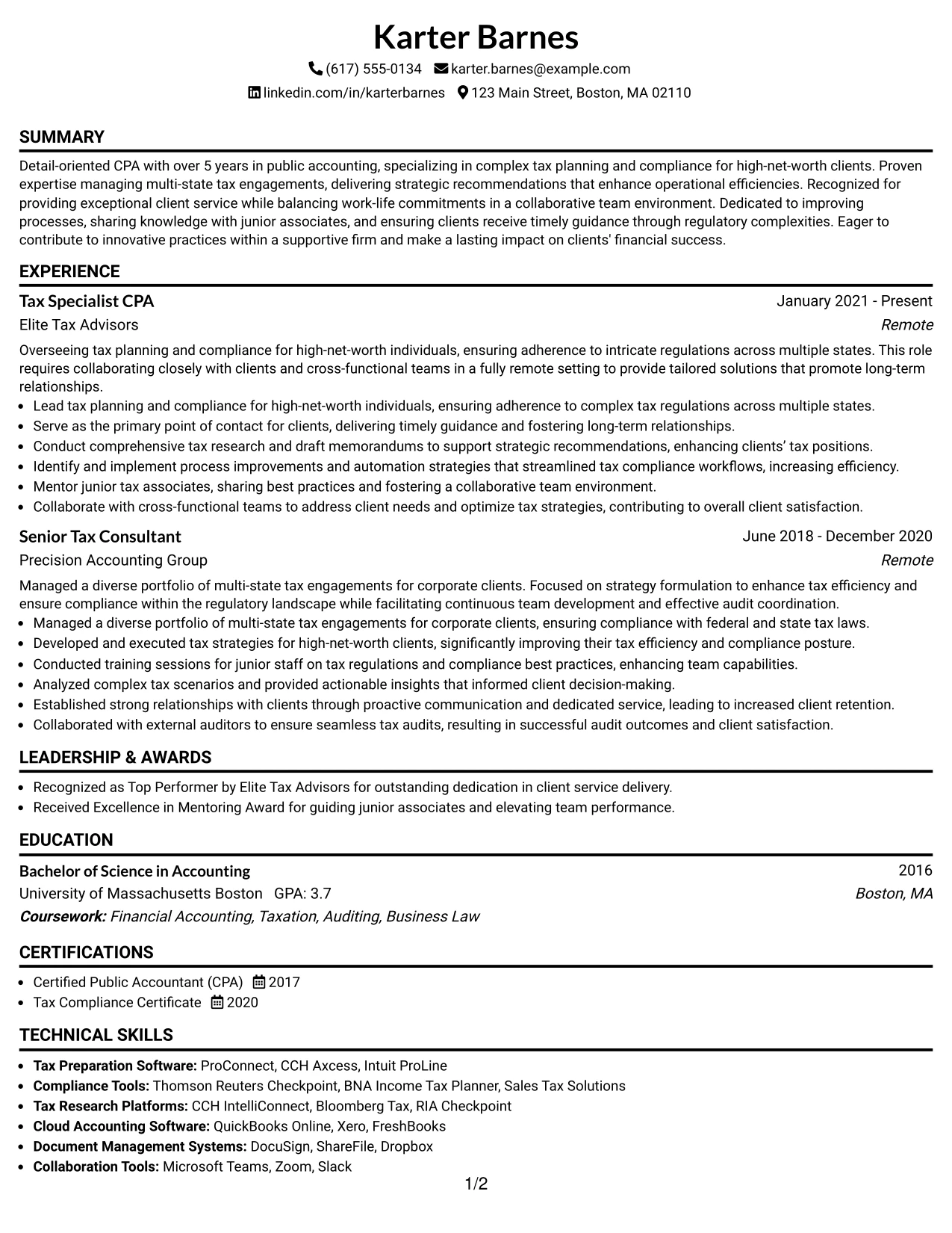 Resume Example Page 1