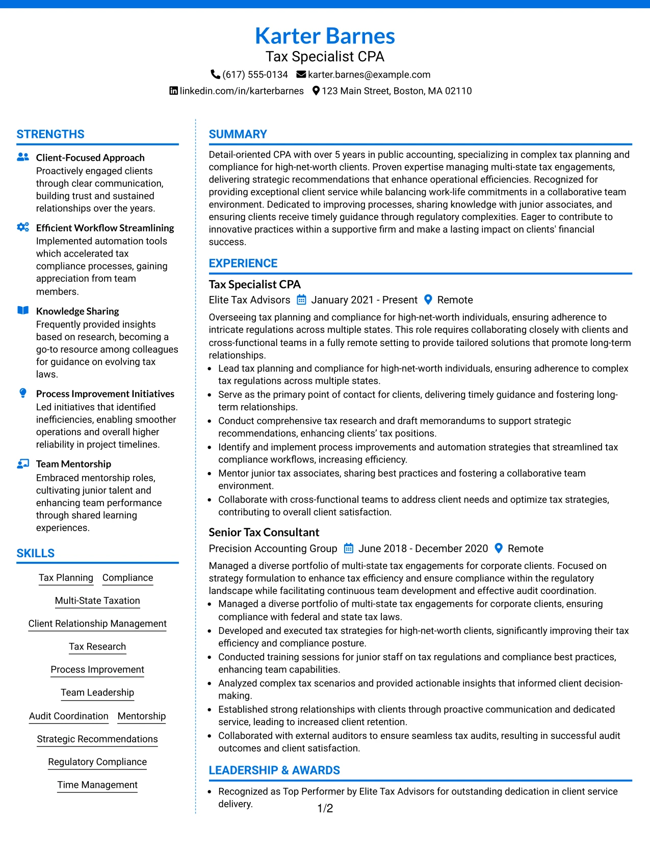 Resume Example Page 1