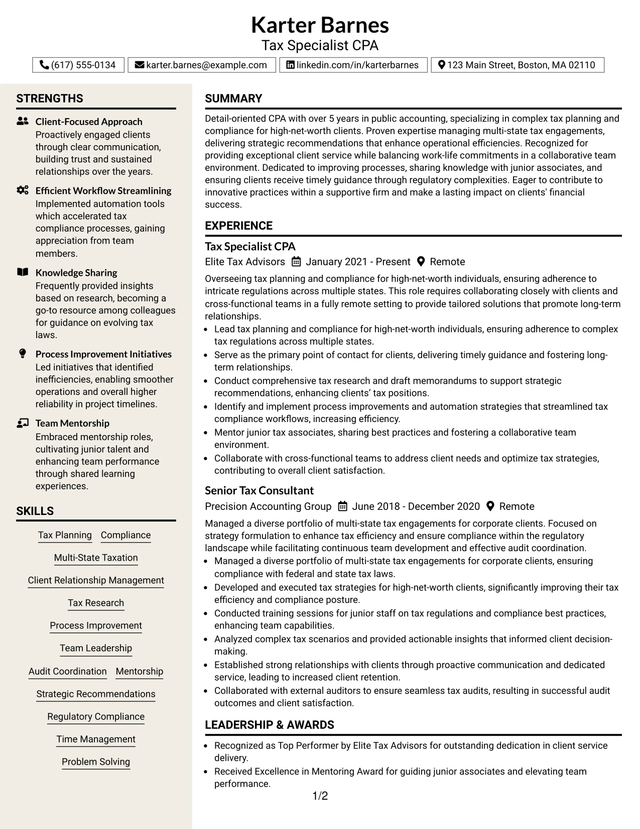 Resume Example Page 1