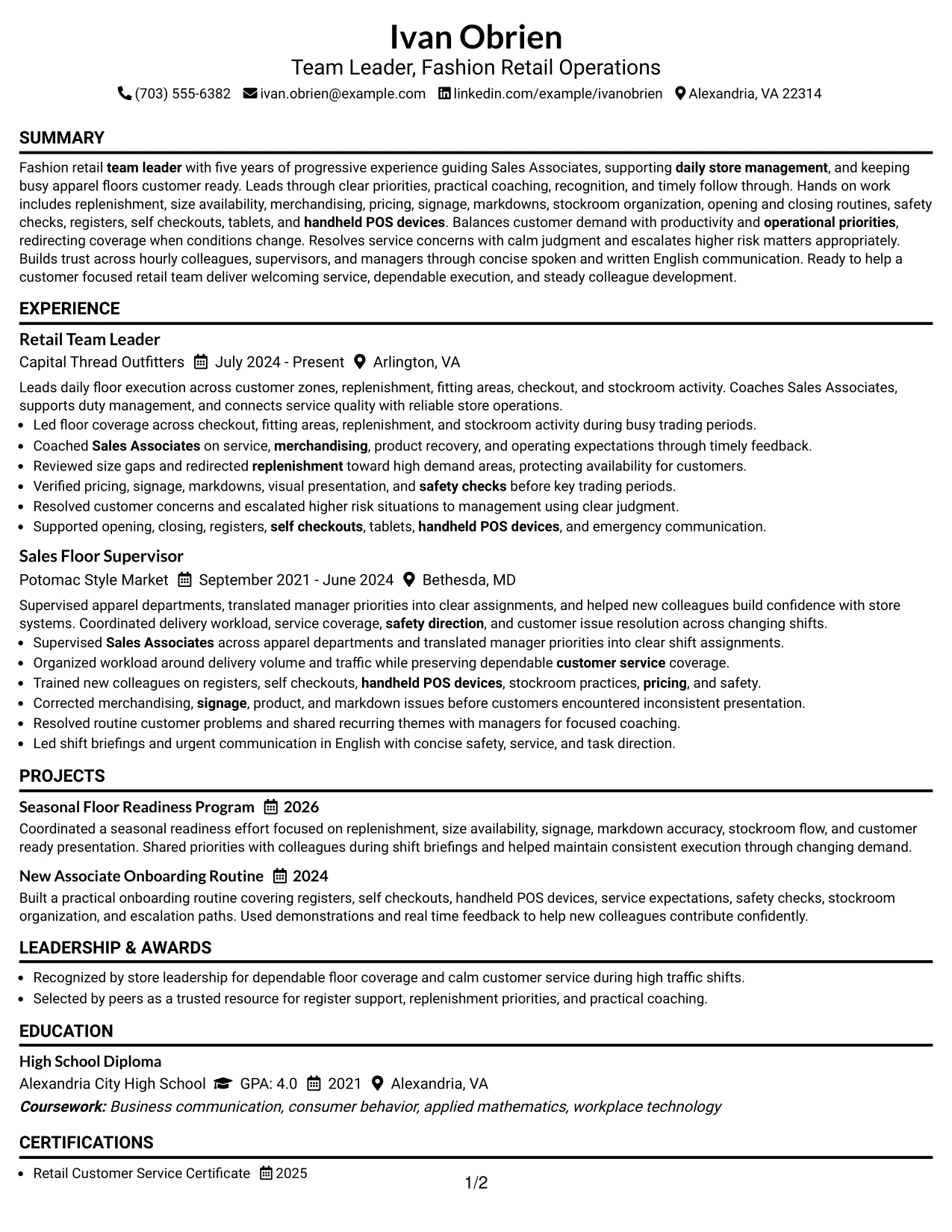 Resume Example Page 1
