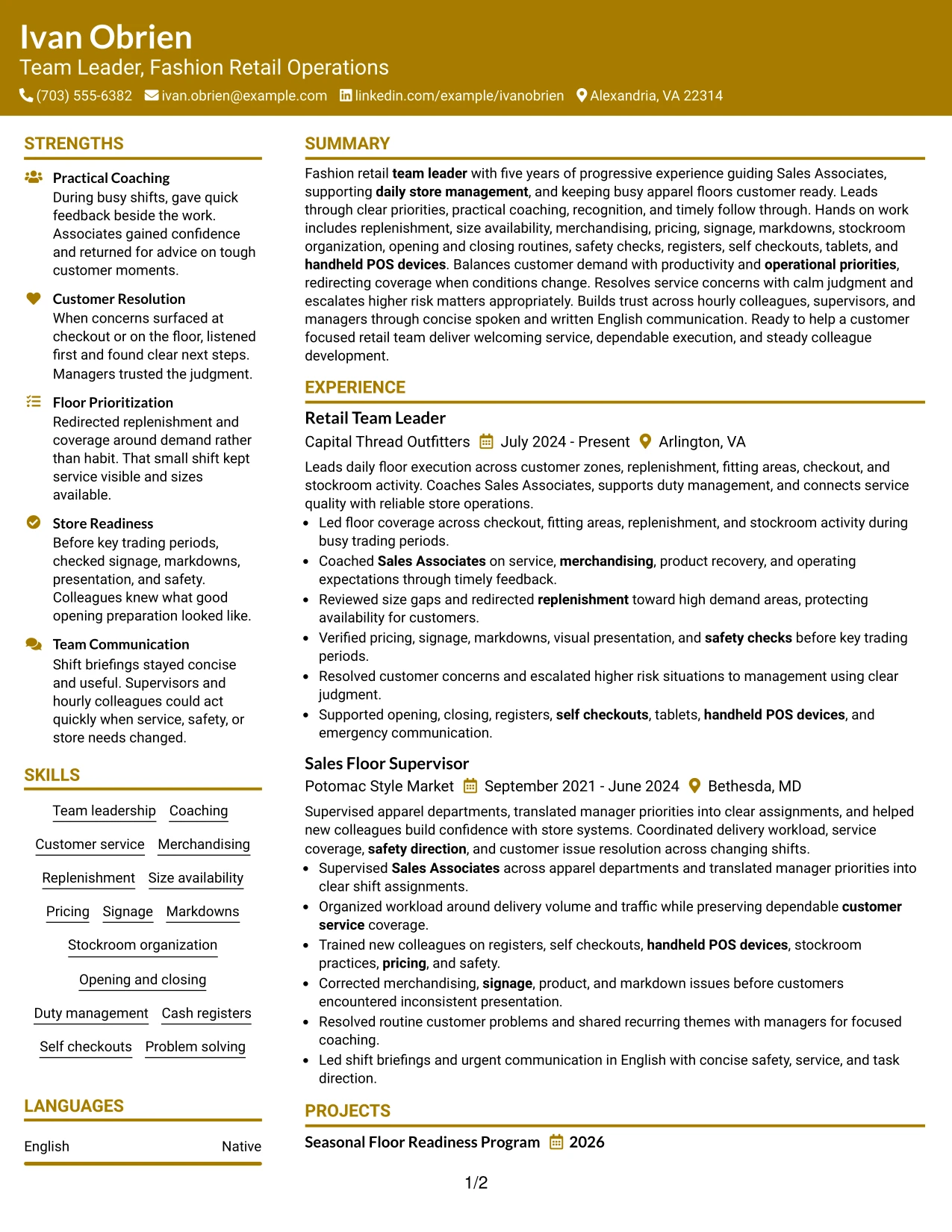 Resume Example Page 1