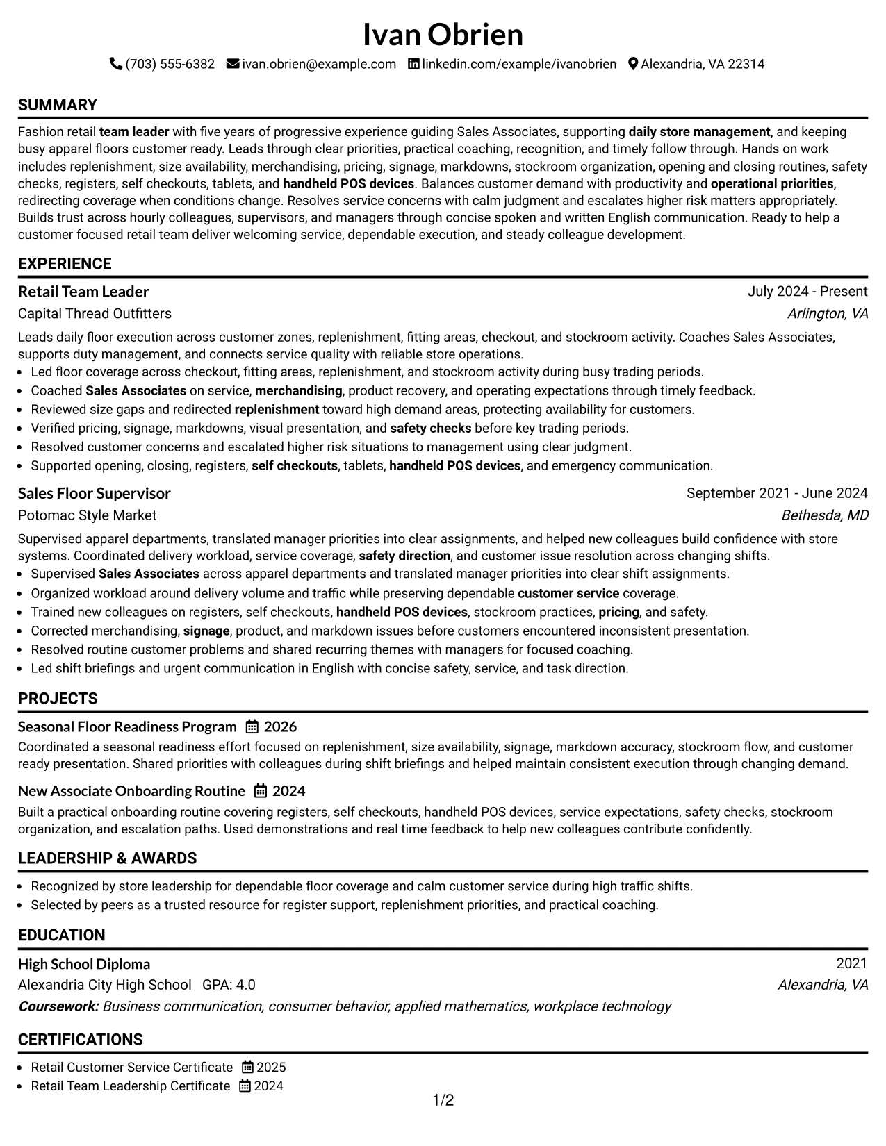 Resume Example Page 1