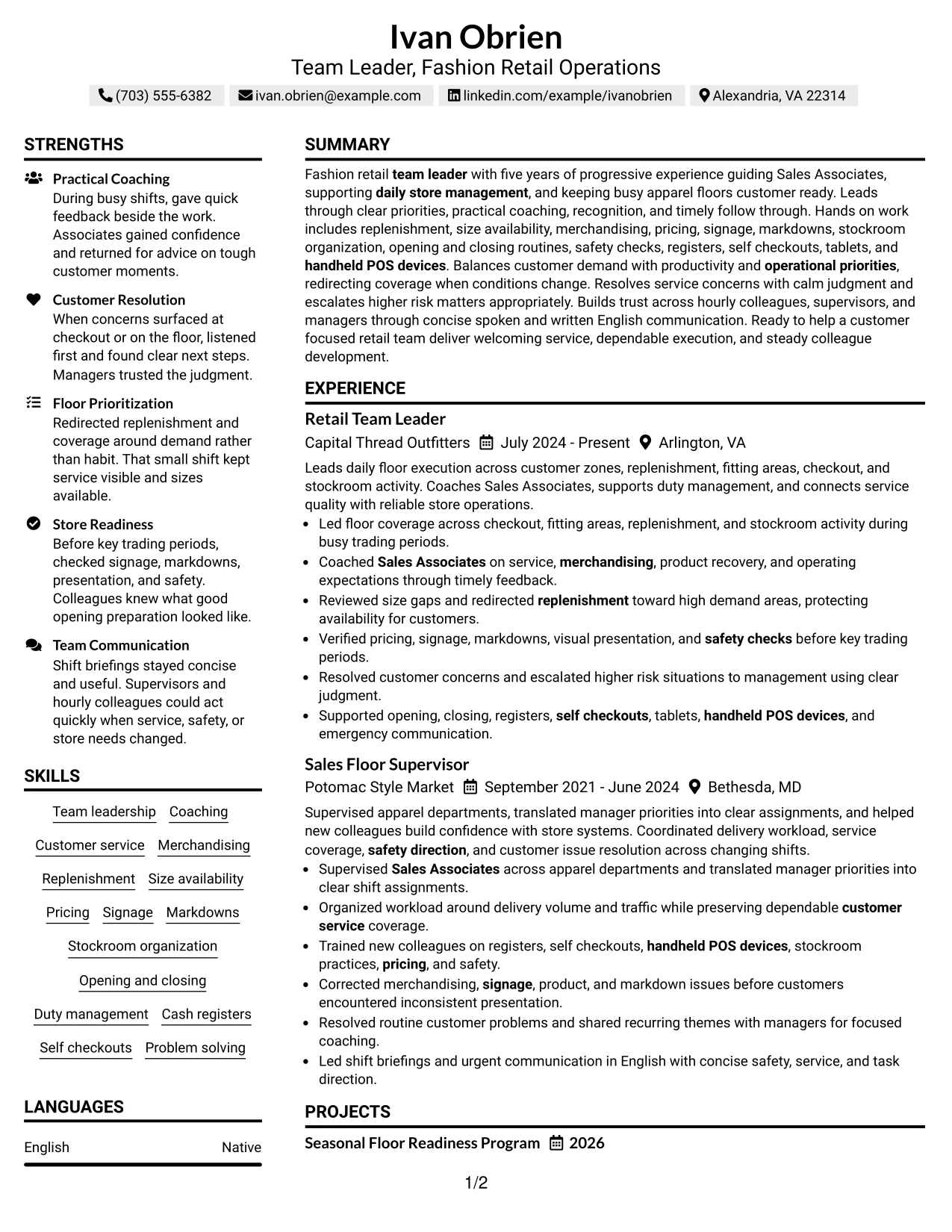 Resume Example Page 1